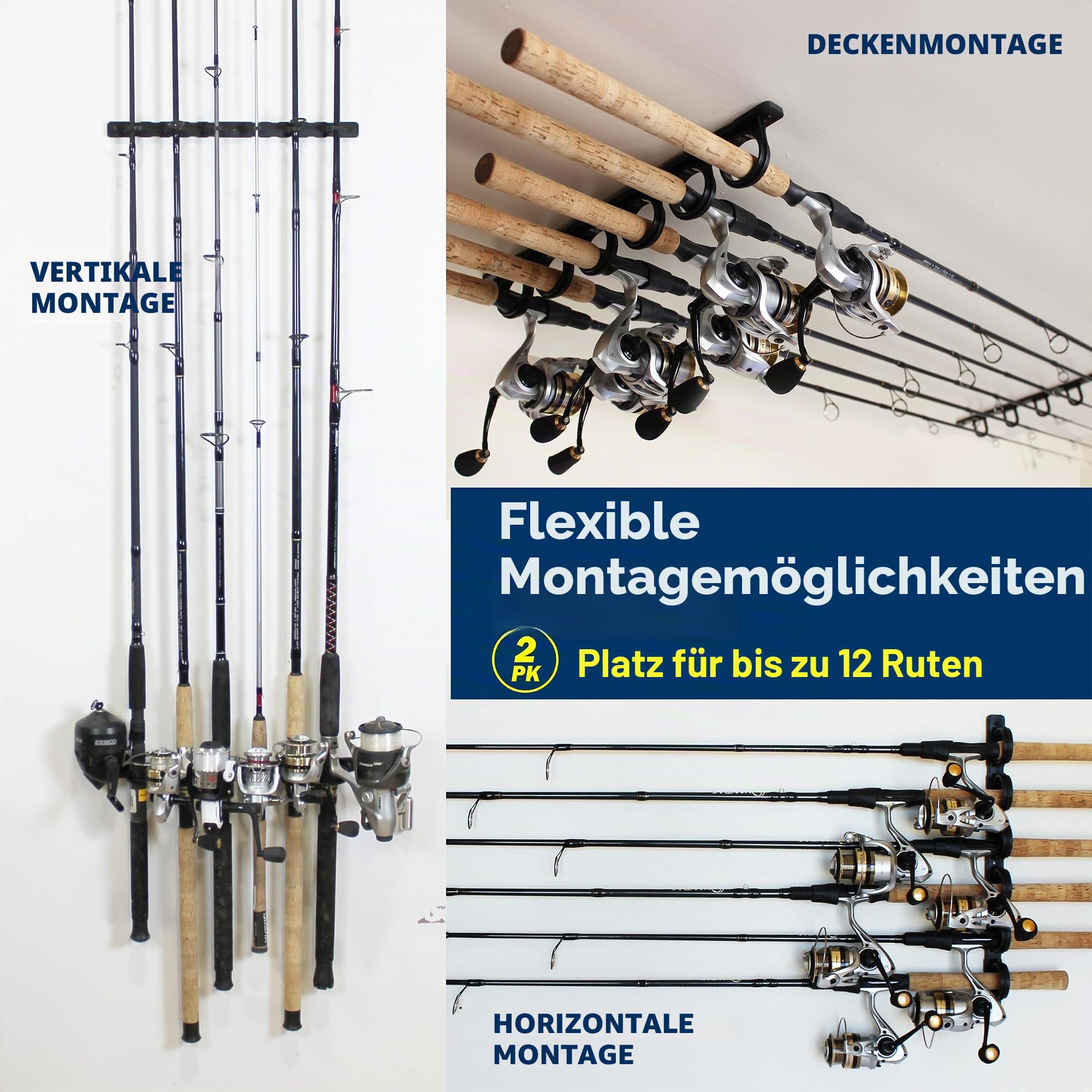 Rush Creek Creations, Decken-Angelrutenhalter für 6 Ruten, Angelrutenhalter zur Garagenorganisation und Wandaufbewahrung, für Angelrollen, Angelausrüstung und Angelzubehör (2 horizontale Halterungen)