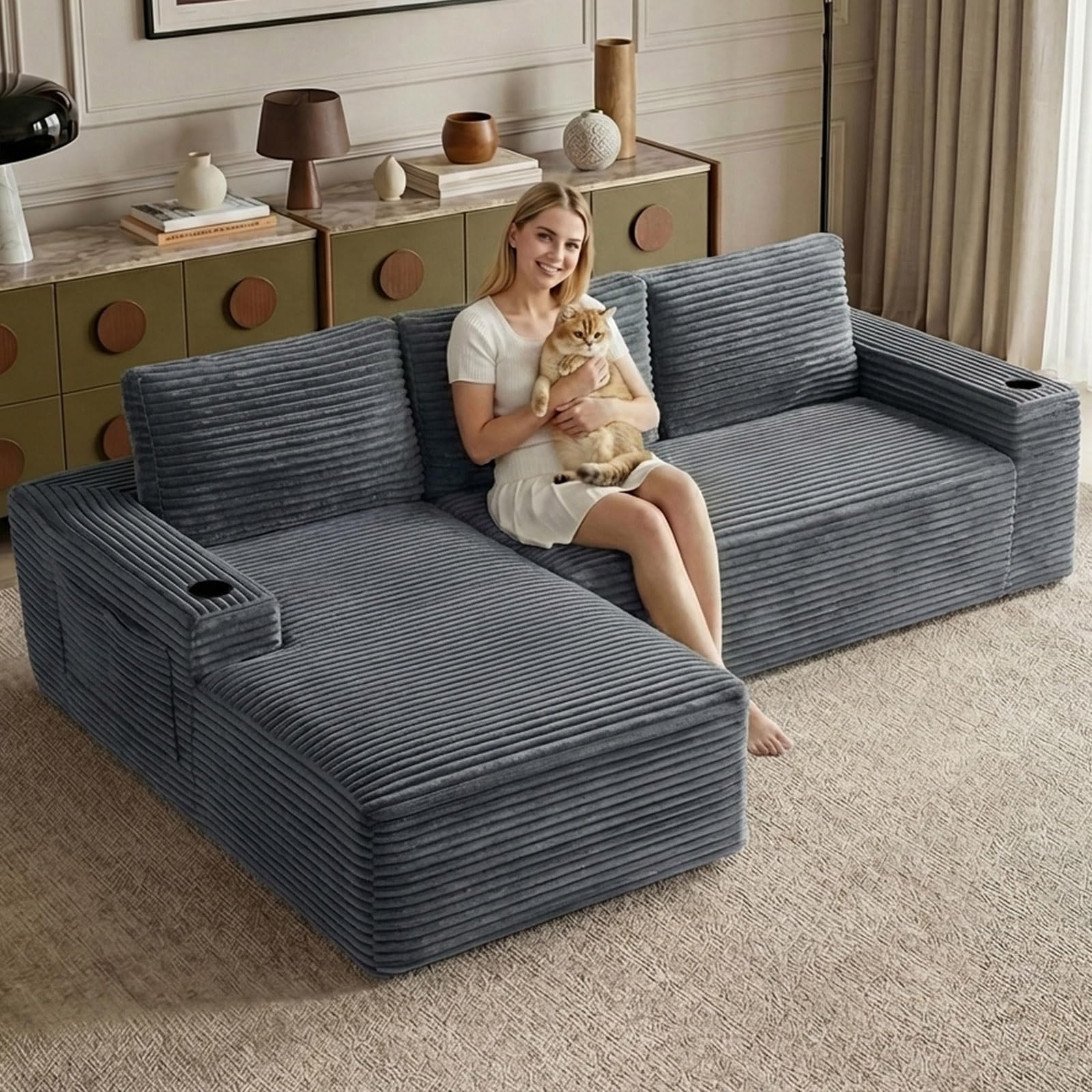104.3" Modular Sectional Sofa,Modern Corduroy Cloud Couch with Cup Holder &amp; Side Pockets,Boneless Couch Upholstered 3-Seater L-Shaped Sofa for Living Room,No Assembly (Dark Grey, Left-Facing Chaise)