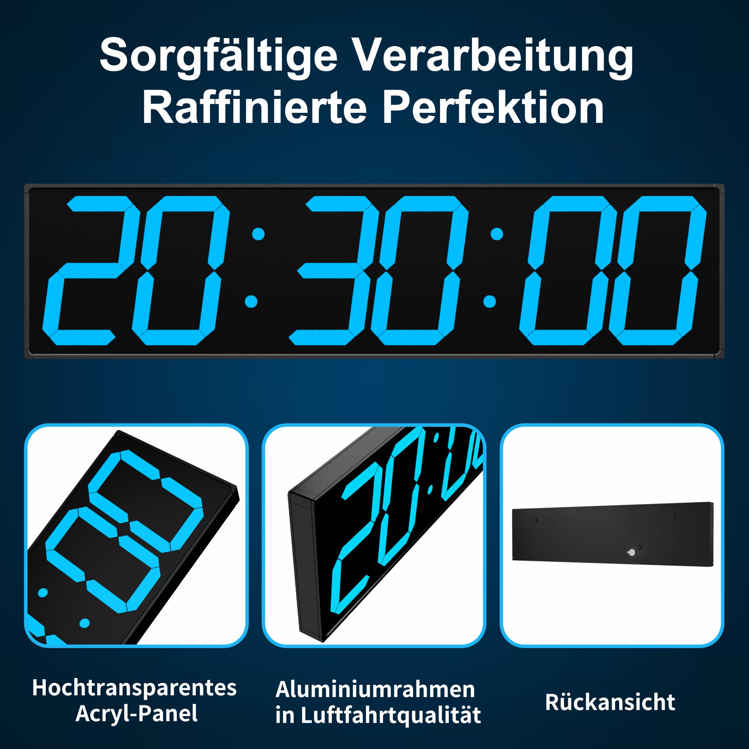 CHKOSDA XXL Große LED Digitale Wanduhr 70cm mit GPS Zeitsynchronisation | Ohne WLAN. 50m Lesbarkeit, Fernbedienung, 8-stufige Helligkeit, Timer, Netzbetrieb für Büro, Fitnessstudio & Schule. Eisblau