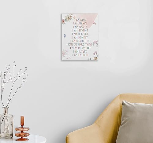 Miniatura 2 de WODMIS Affirmation - Lienzo enmarcado para pared, diseño de acuarela con texto en inglés "I Am Kind Smart Brave" (rosa 1, 11 x 14)