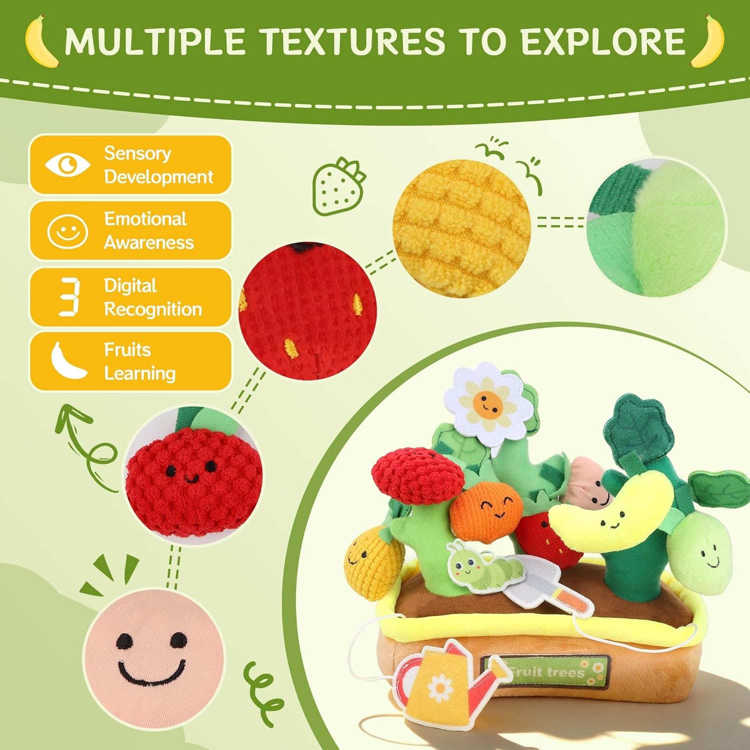 Plush Fruit Tree Toddler Learning Playset for 1 Year Old, Montessori Toys with Rattle Crinkle Textures Velcro, 10 PCS Play Food Toys Color Shape Number Matching Mat Fine Motor Skills Easter Baby Gifts
