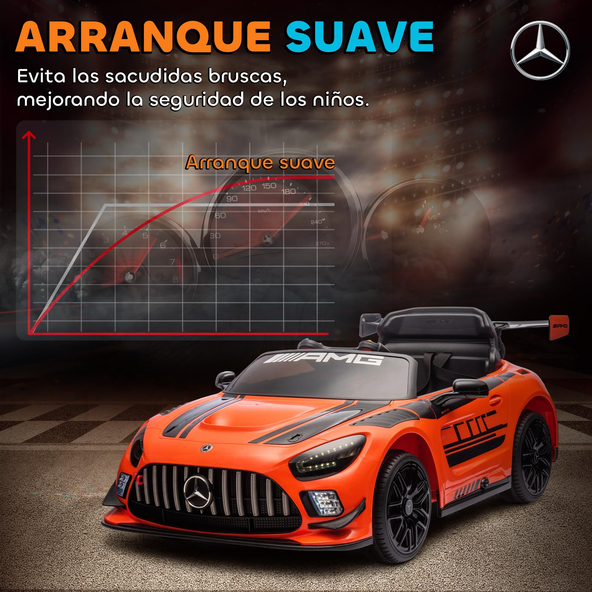 AIYAPLAY Coche Eléctrico para Niños Mercedes-AMG GT3 EVO 12V Faros Naranja | Mando a Distancia 2,4 G, Motor Doble, Ruedas Auxiliares, Asa de Arrastre, Música Inalámbrica