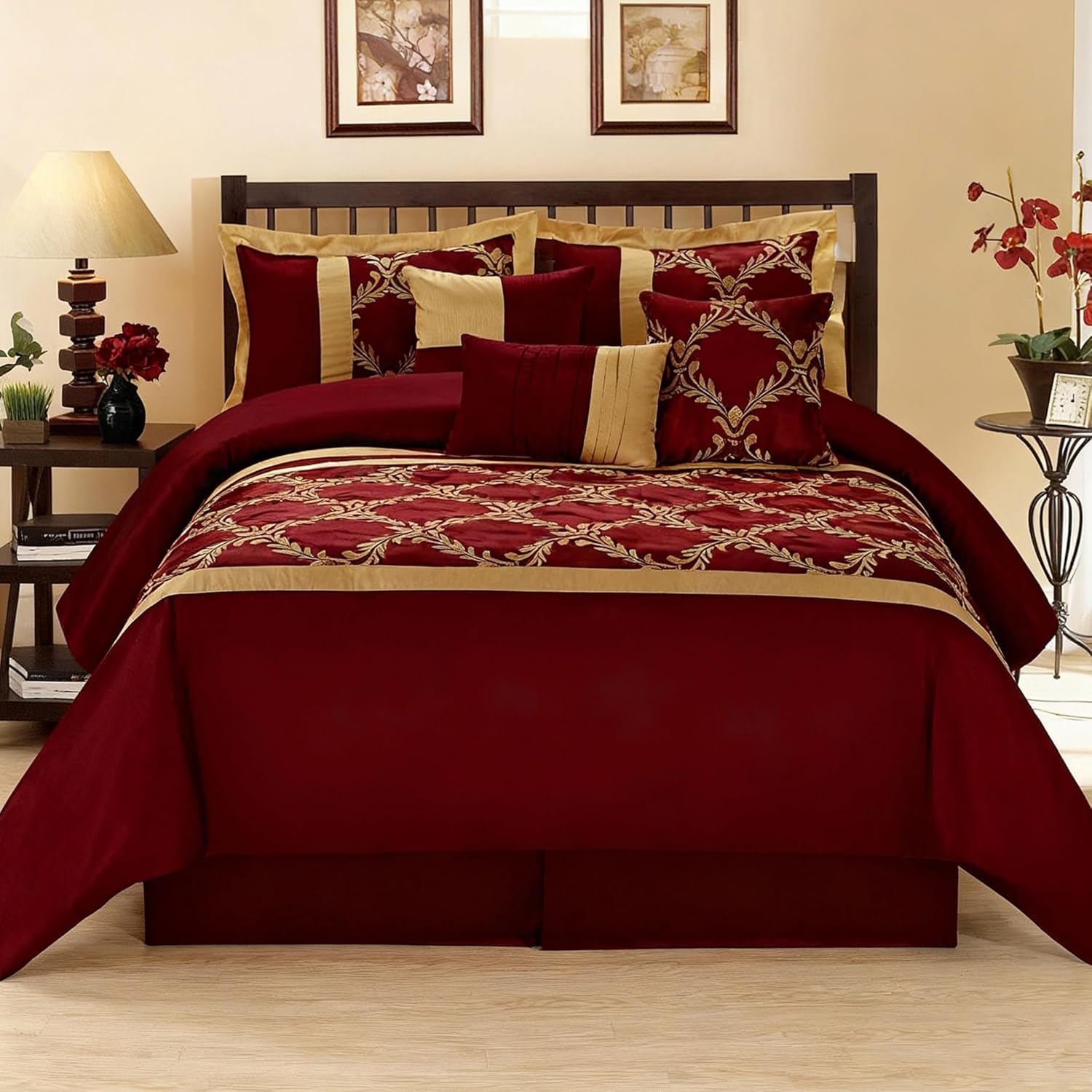 HIG 7 Piece Bed in A Bag Comforter Set Queen - Burgundy and Gold Faux Silk Fabric Embroidered - Breathable and Wrinkle Resistant - 1 Comforter, 2 Shams, 3 Decorative Pillows, 1 Bedskirt - Image 3