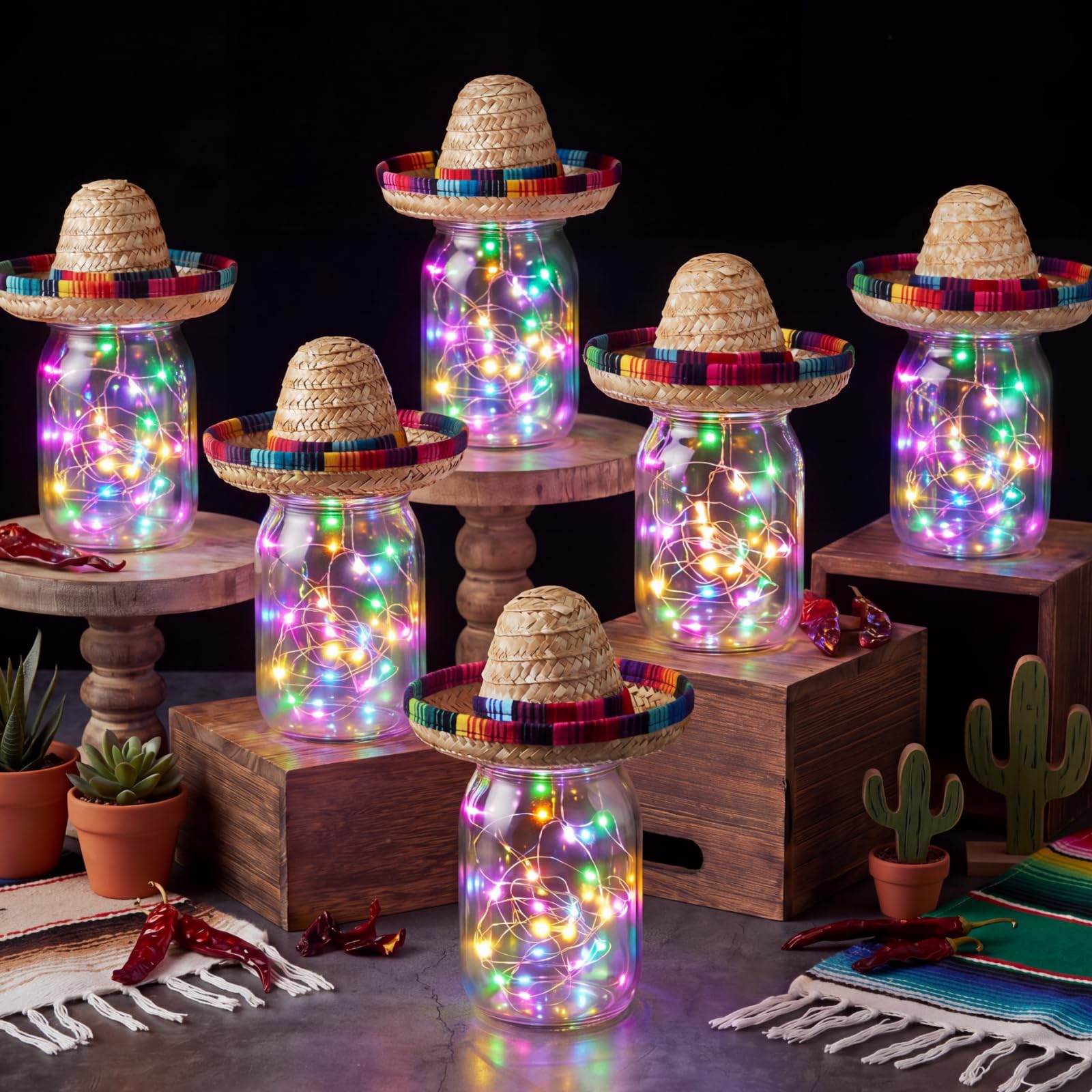 Set di 6 centrotavola messicani per feste messicane decorazioni per feste con barattoli di vetro, cappelli Sombrero, corde luminose per feste a tema taco, matrimoni, compleanni, giorno dei