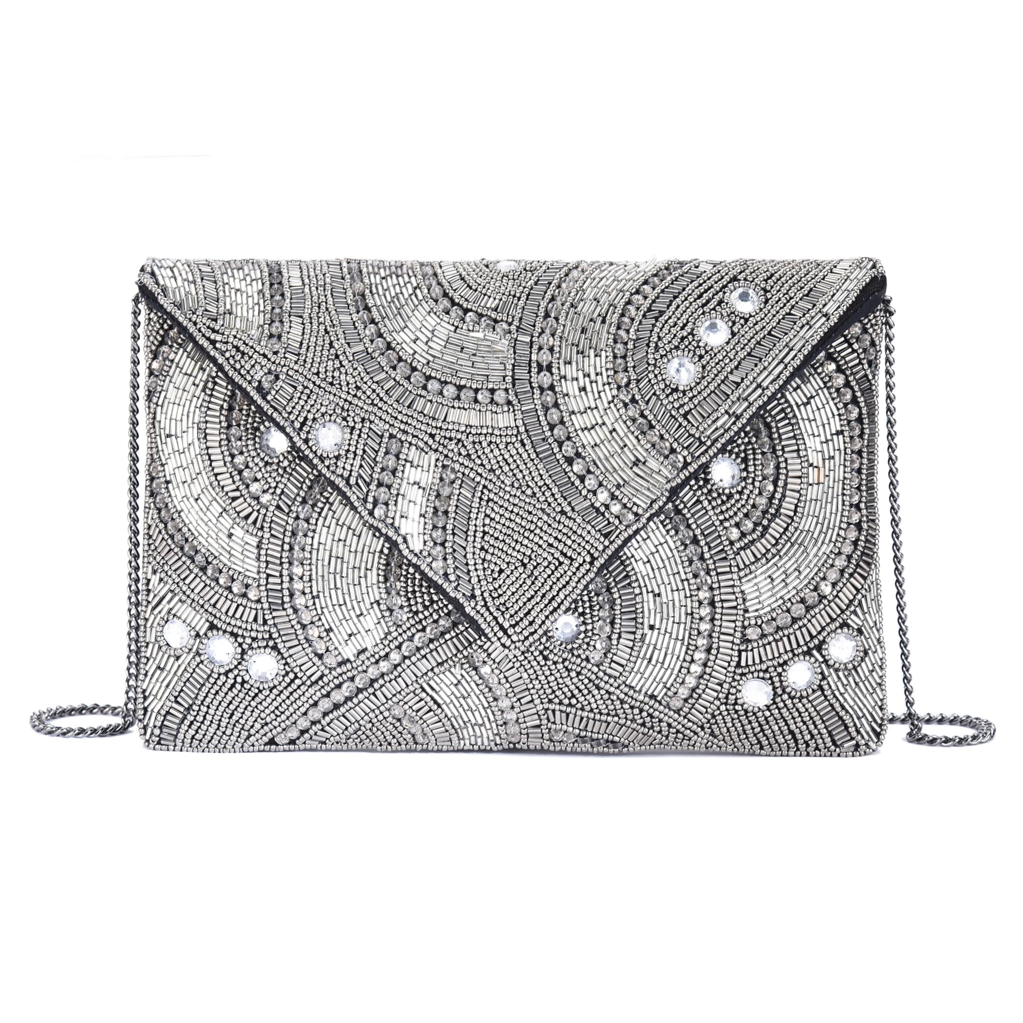 ALII AND ALIIZEY Hand Embroidered Sling Bag Evening Bride Purse Clutch for Women Party Festive Wedding (Silver-Toned,white) (AJ_6620_BLK_MLTCLR_SB)