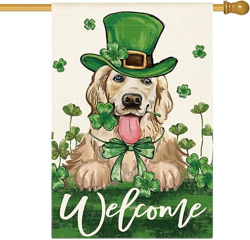 AVOIN colorlife Bandera de jardín para perro con sombrero verde del día de San Patricio 12 x 18 pulgadas doble cara trébol de la suerte bandera de