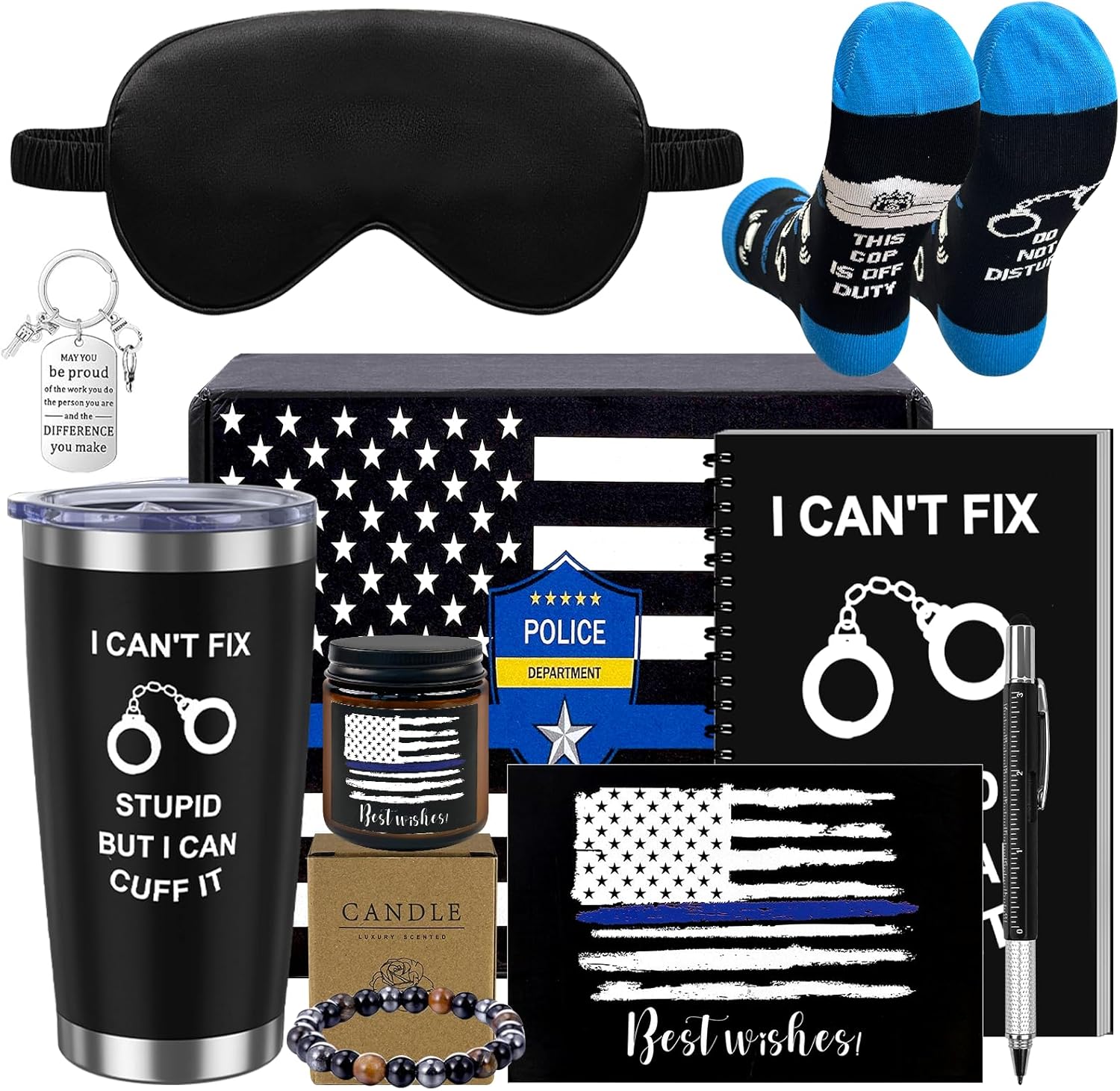 10 Pcs Police Officer Gifts Police Academy Graduation Gifts Include Pen Notebook Candle Tumbler Bracelet Keychain Sock for Polices Retirement Law Enforcement Appreciation Gift