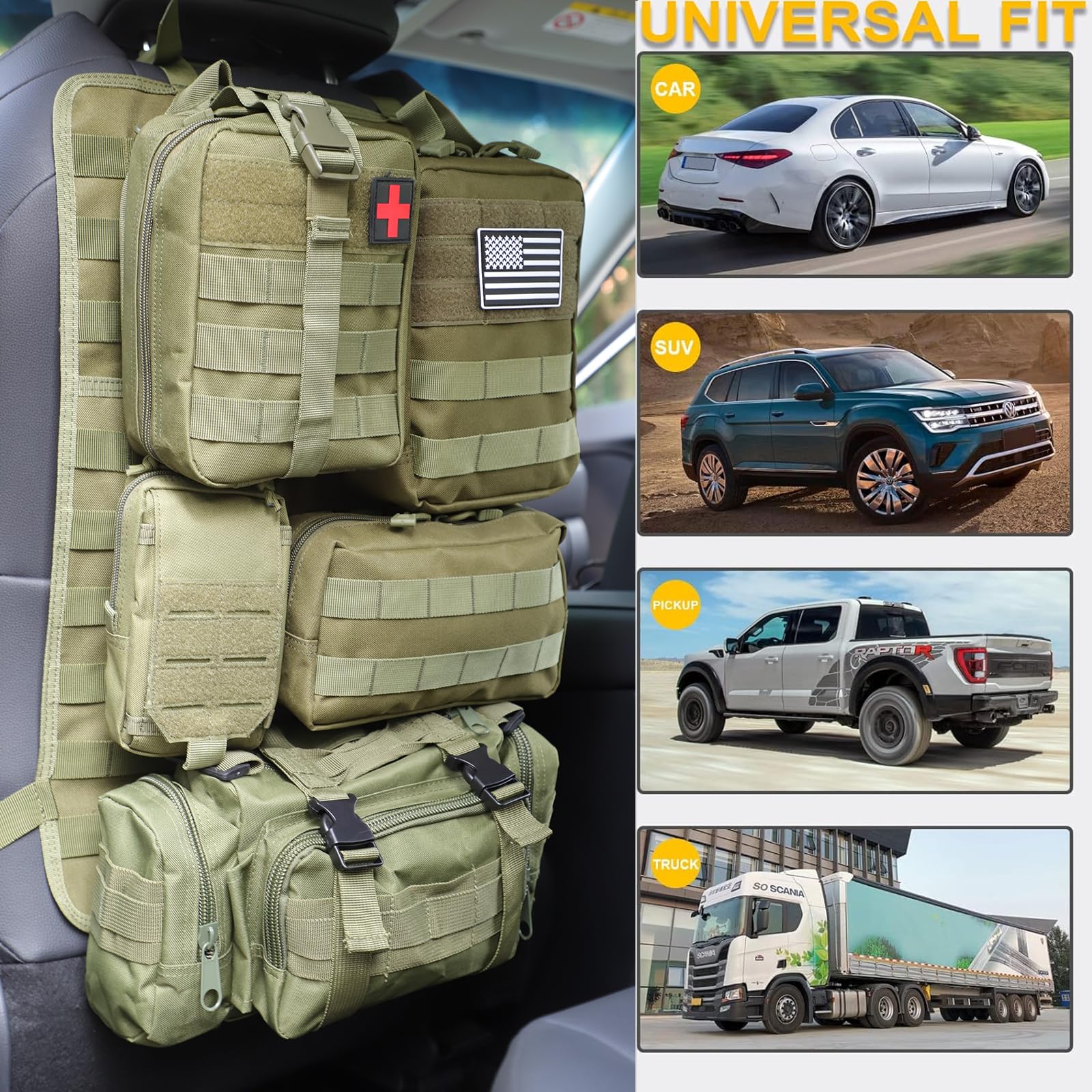 Jimikay Organiseur tactique pour dossier de siège de voiture avec sac à suspendre et 5 poches Molle détachables - Organiseur de panneau Molle pour véhicule - Sac de rangement universel pour la plupart