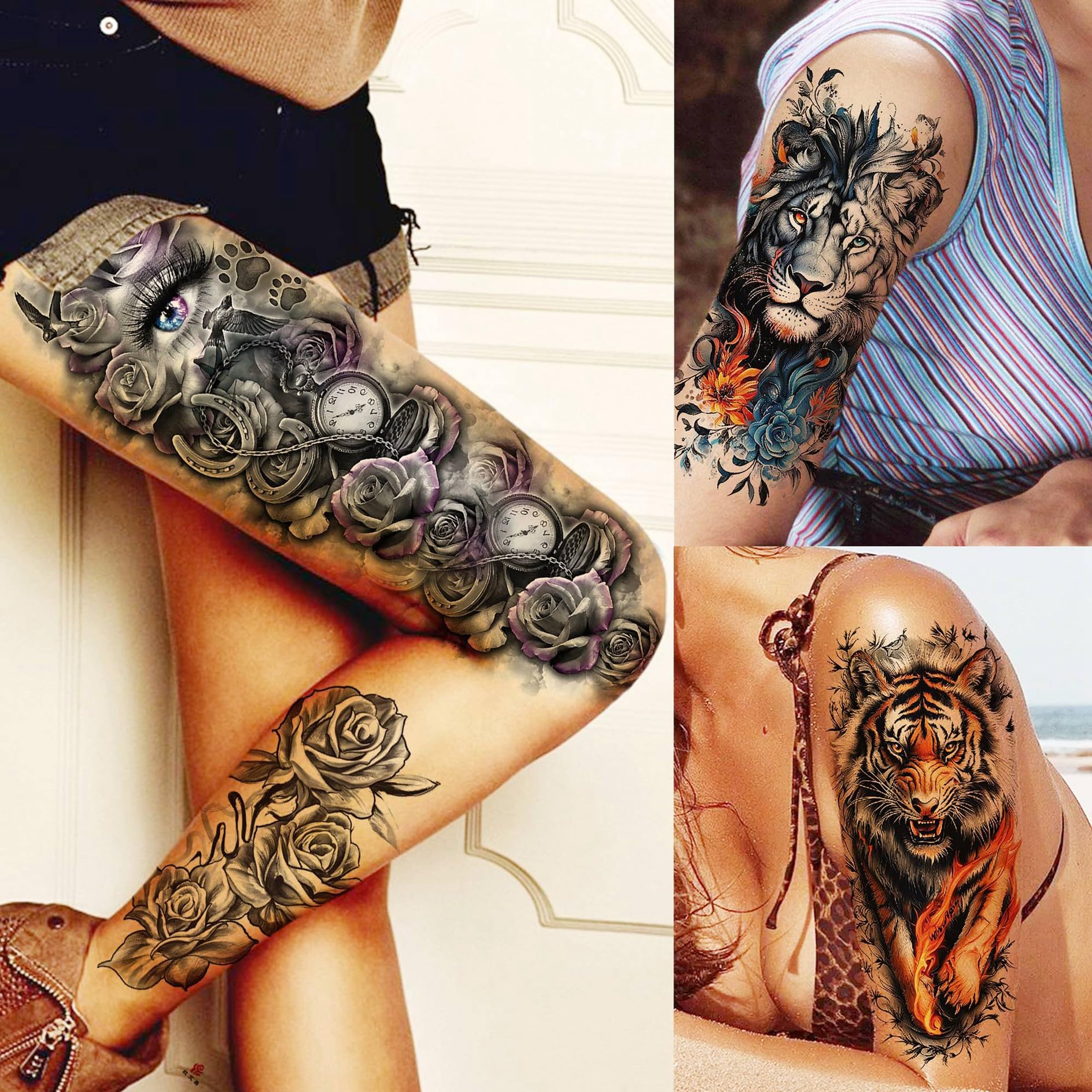 20 Sheets Large Full Arm Temporary Tattoos for Women Girls Thigh Rose Flower Tribal Eye Compass Clock Fake Tattoo Sleeve for Adults Long Lasting Peony Florals Peace Dove Black Tattoo Stickers - Image 4