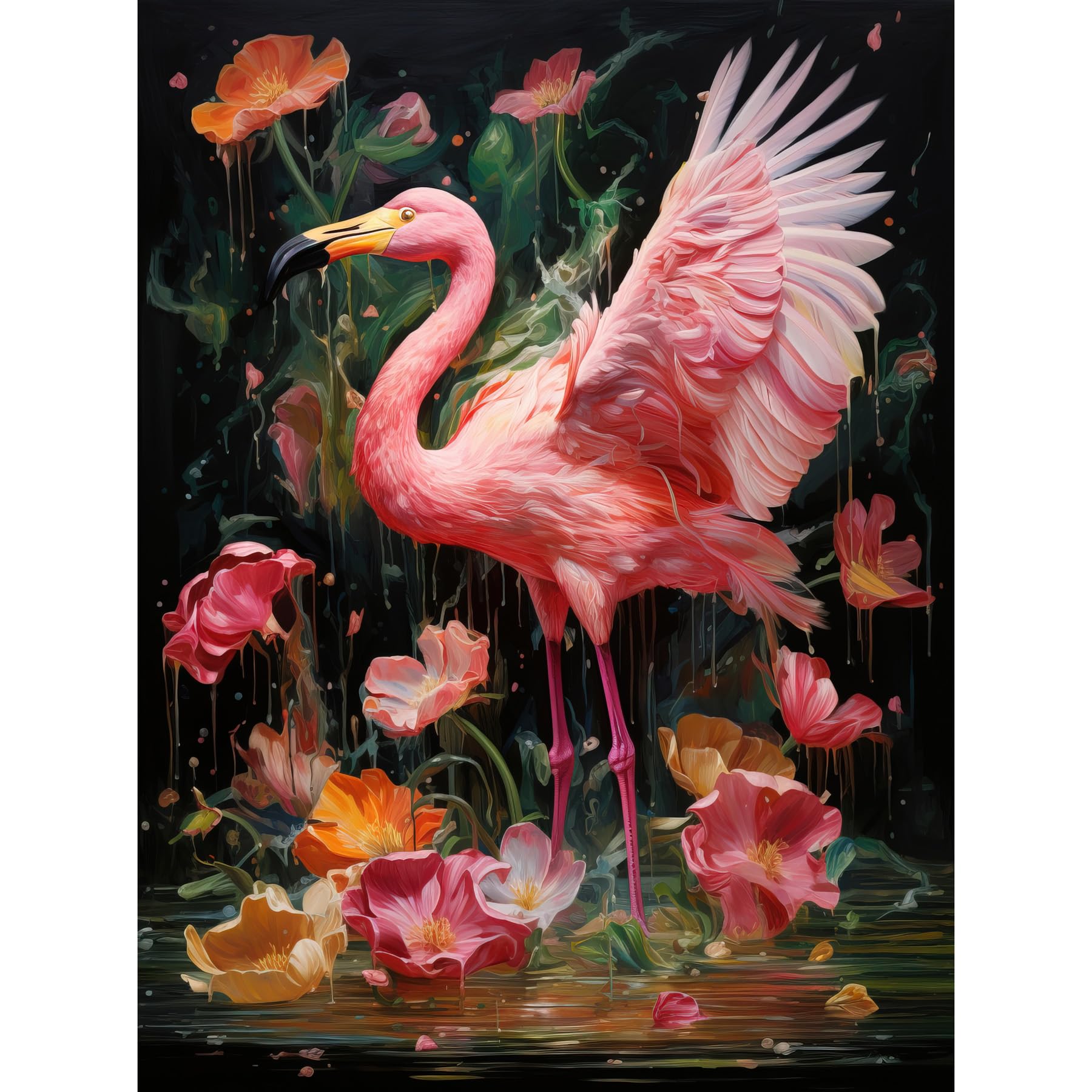 Artery8 Unframed Paper 12X16 Flamboyant Flamingo Feathers Artwork Bird In The Rain Vibrant Pink Orange Green Artwork Unframed Wall Art Print Poster Home Decor Premium