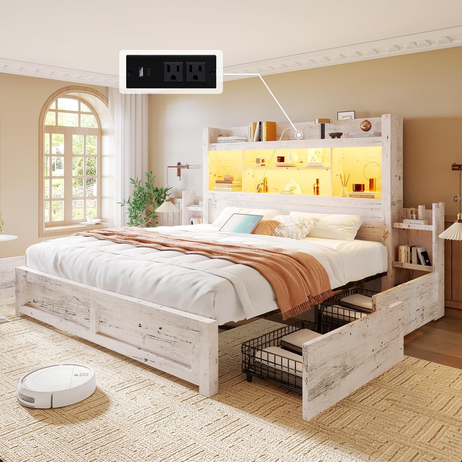 Farmhouse Full Bed Frame With Bookcase Headboard And
