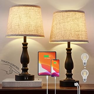 Table Lamps Set of 2, Bedside Nightstand Lamps with USB Charging Ports, 3 Way Dimmable Touch with Linen Fabric Lampshade, Modern Small Lamp for Bedrooms, Living Room (Bulbs Included)