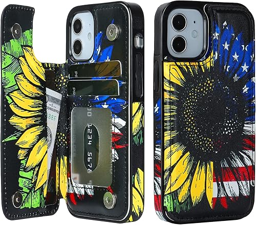 HAOPINSH Funda tipo cartera para iPhone 12 Mini con tarjetero y diseño de girasoles de bandera americana, tapa trasera de piel sintética, ranuras
