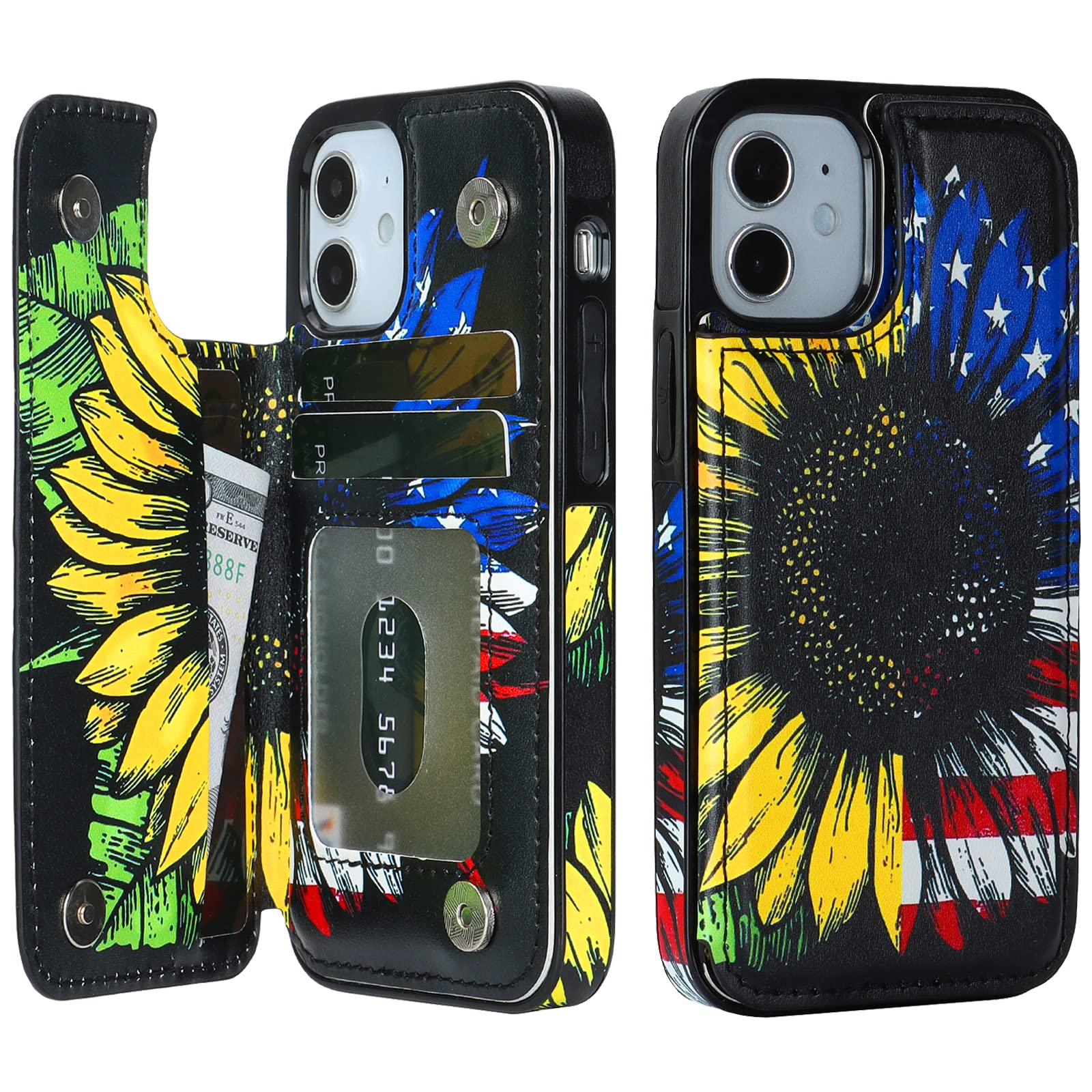 HAOPINSH for iPhone 12 Mini Wallet Case with Card Holder, American Flag Sunflowers Pattern Back Flip PU Leather Kickstand Card Slots Case for Girls