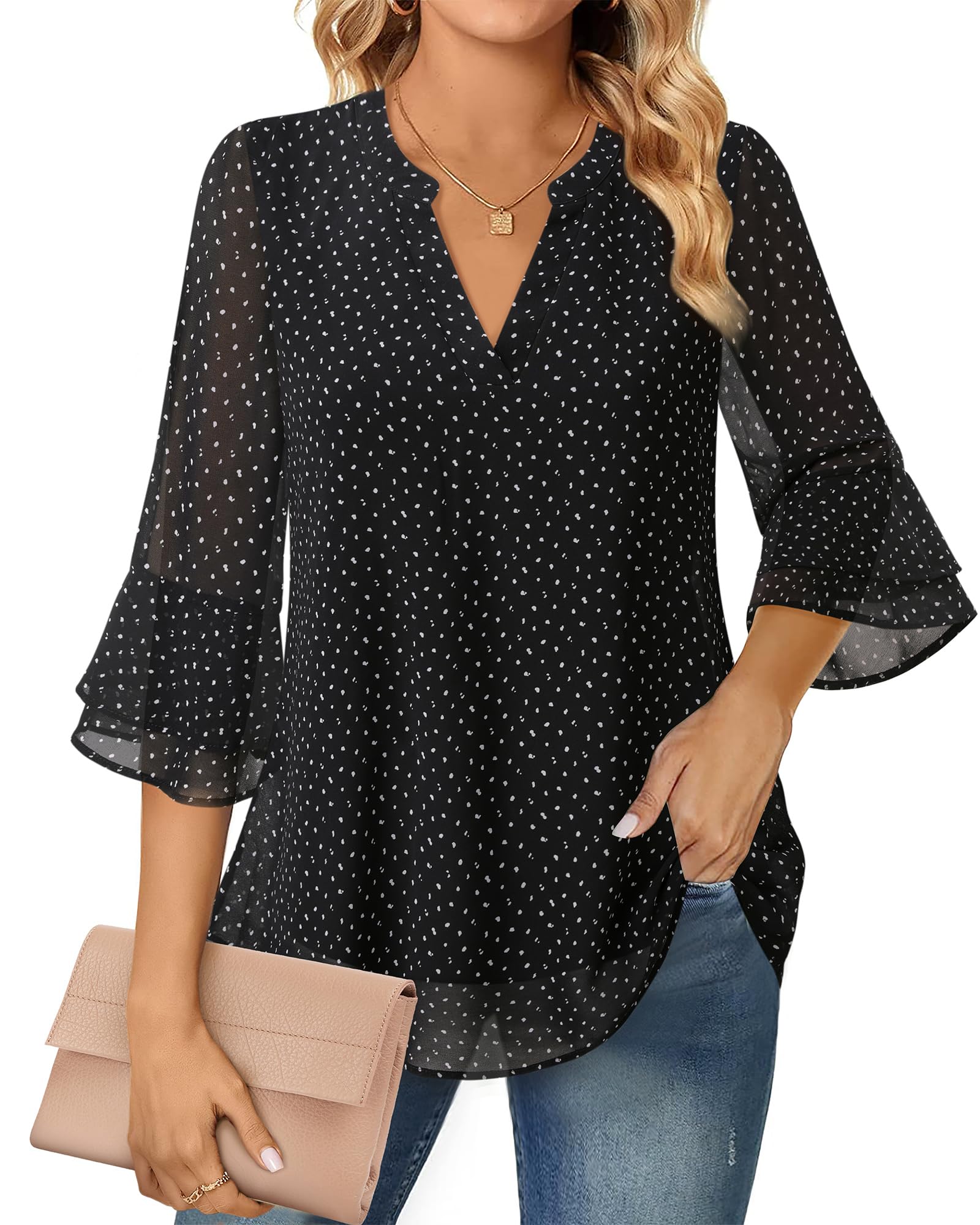 Lotusmile Womens Tops Dressy Casual 3/4 Sleeve Chiffon Business Work Tunic