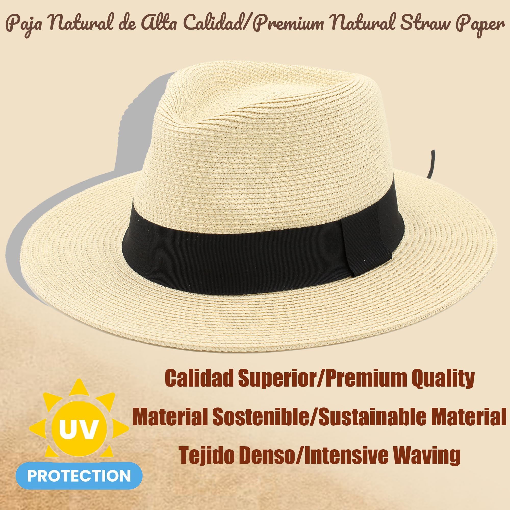 Sombrero Panamá de Verano, Sombrero de Paja Panamá para Mujer y Hombre Unisex, Sombrero de ala Ancha UPF 50 Plegable y Trenzado Intensivo