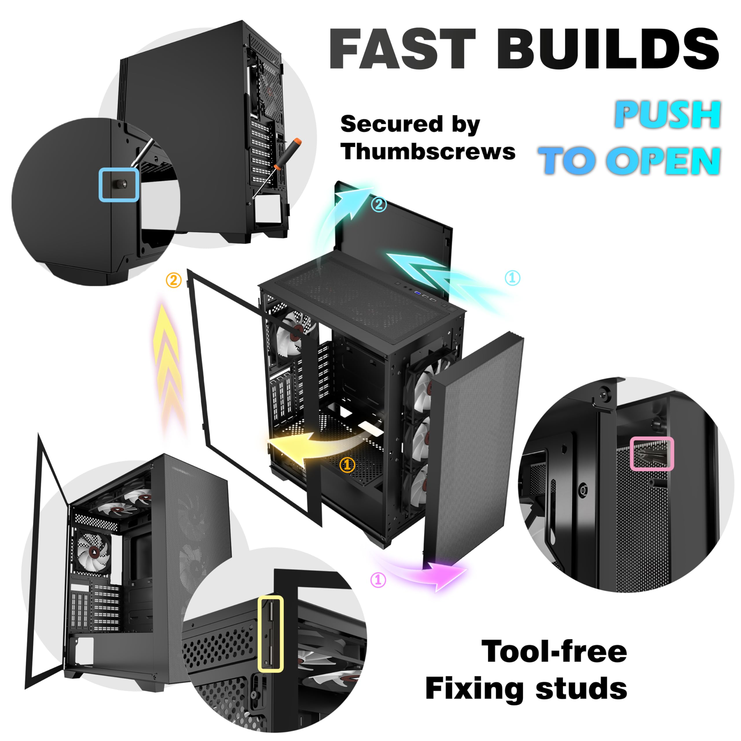 PC-Gehäuse ATX 6 PWM ARGB Gehäuselüfter, vorinstalliert, Mid-Tower-Computergehäuse mit gehärtetem Glas, Netzfront mit hohem Luftstrom, unterstützt 360-mm-Kühler, schwarzes