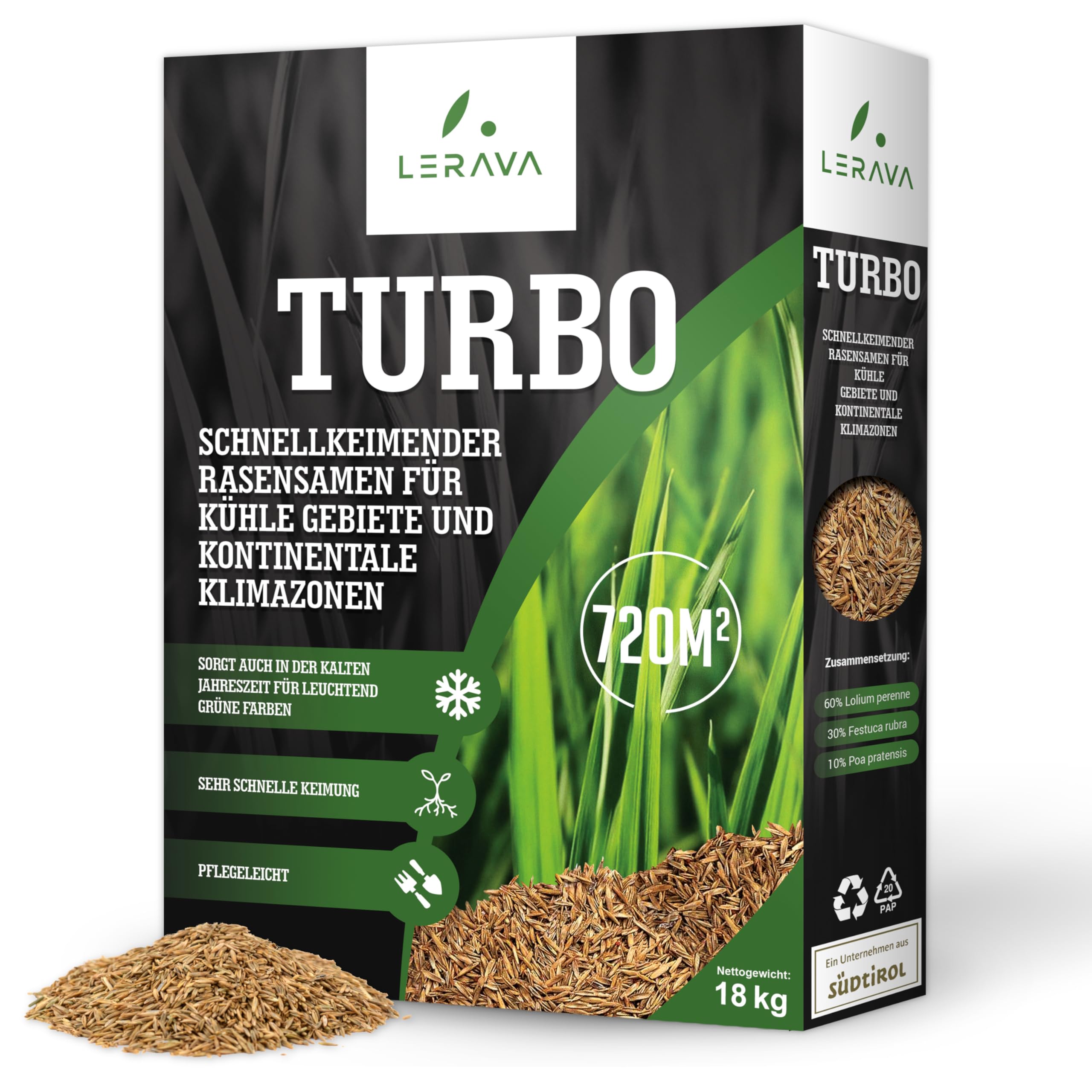 LERAVA Turbo Rasensamen schnellkeimend (360 m²) - Schattenrasen für kühle Gebiete - Leuchtend grüner & robuster Grassamen zur Nachsaat - Rasensaat für Frühjahr & Herbst