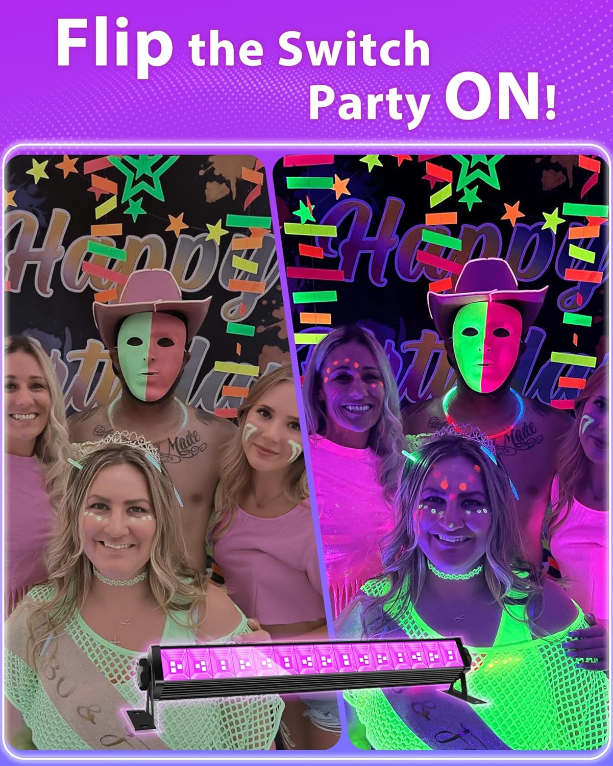 3 Pack 42W LED Black Light Bar, Blacklight Flood Light with Plug & Switch & 5.9ft Power Cord, Each Light Up 24x24ft Area, for Glow Fluorescent Party Bedroom Game Room Body Paint Stage