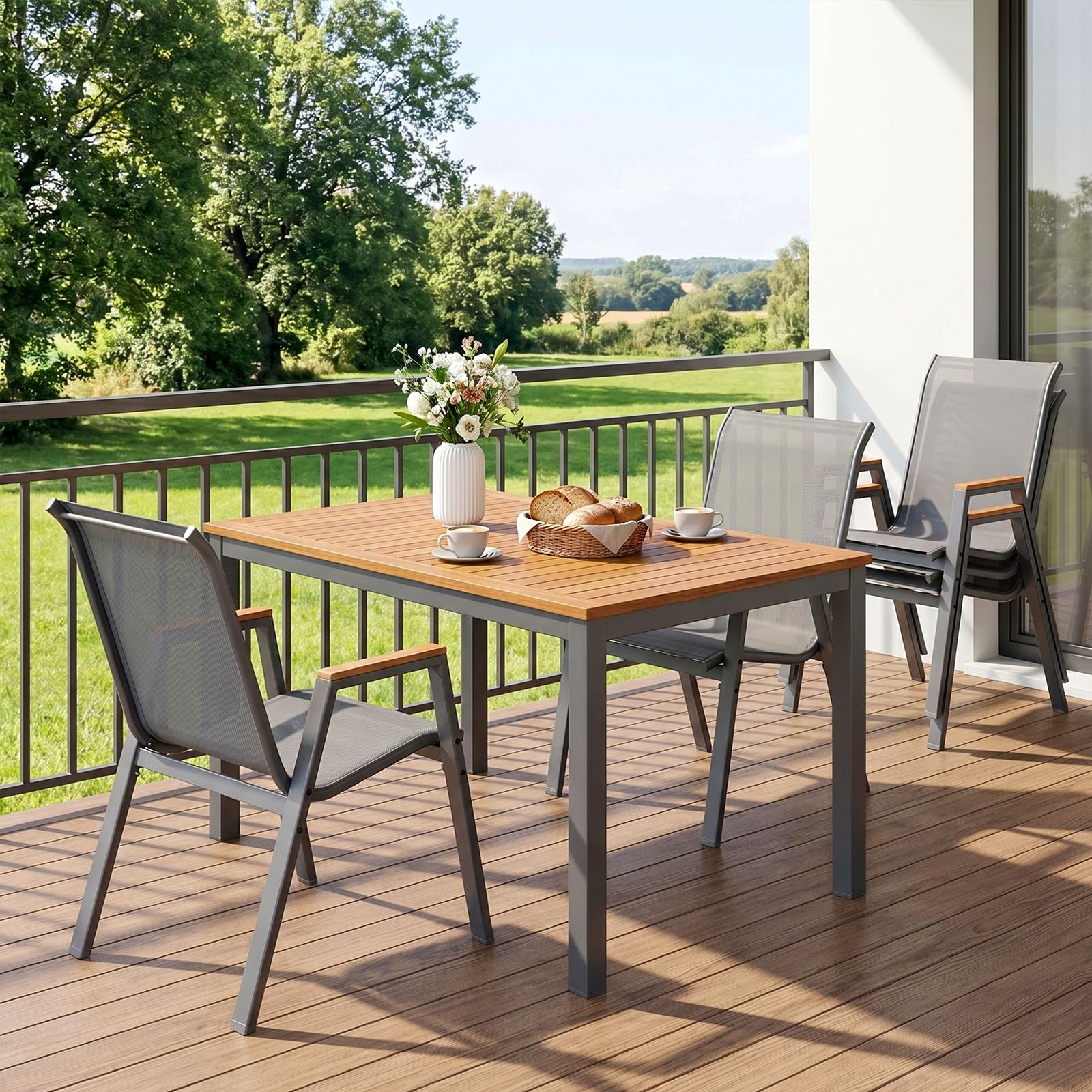 LIFERUN Gartenstühle stapelbar 4er Set Stapelstühle Hochlehner Terrassenstühle mit Armlehnen für Gärten, Innenhöfe, Balkone, Restaurants bis 150 kg Belastbar 54 x 73 x 90cm Grau