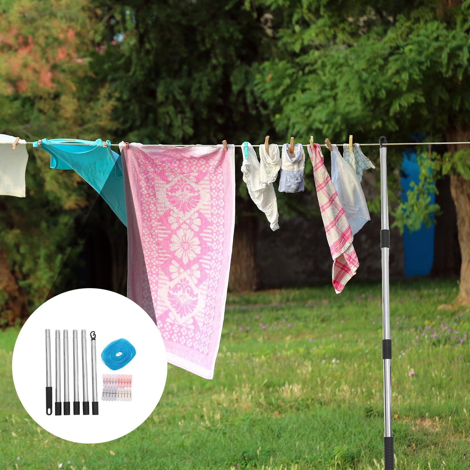 USHOBE Robuste Wäscheleine für Draußen mit Abnehmbarer 2,2m Stütze und Wetterbeständigen Klammern für Camping und Einfache Montage aus Stahl und Nylon