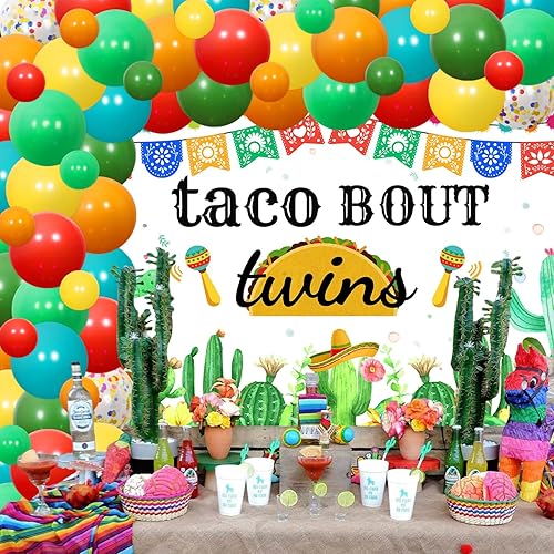 Miniatura 4 de 85 piezas de decoración de fiesta con temática mexicana para baby shower, decoración de fiesta con fondo de taco y gemelos para bienvenida de bebé,