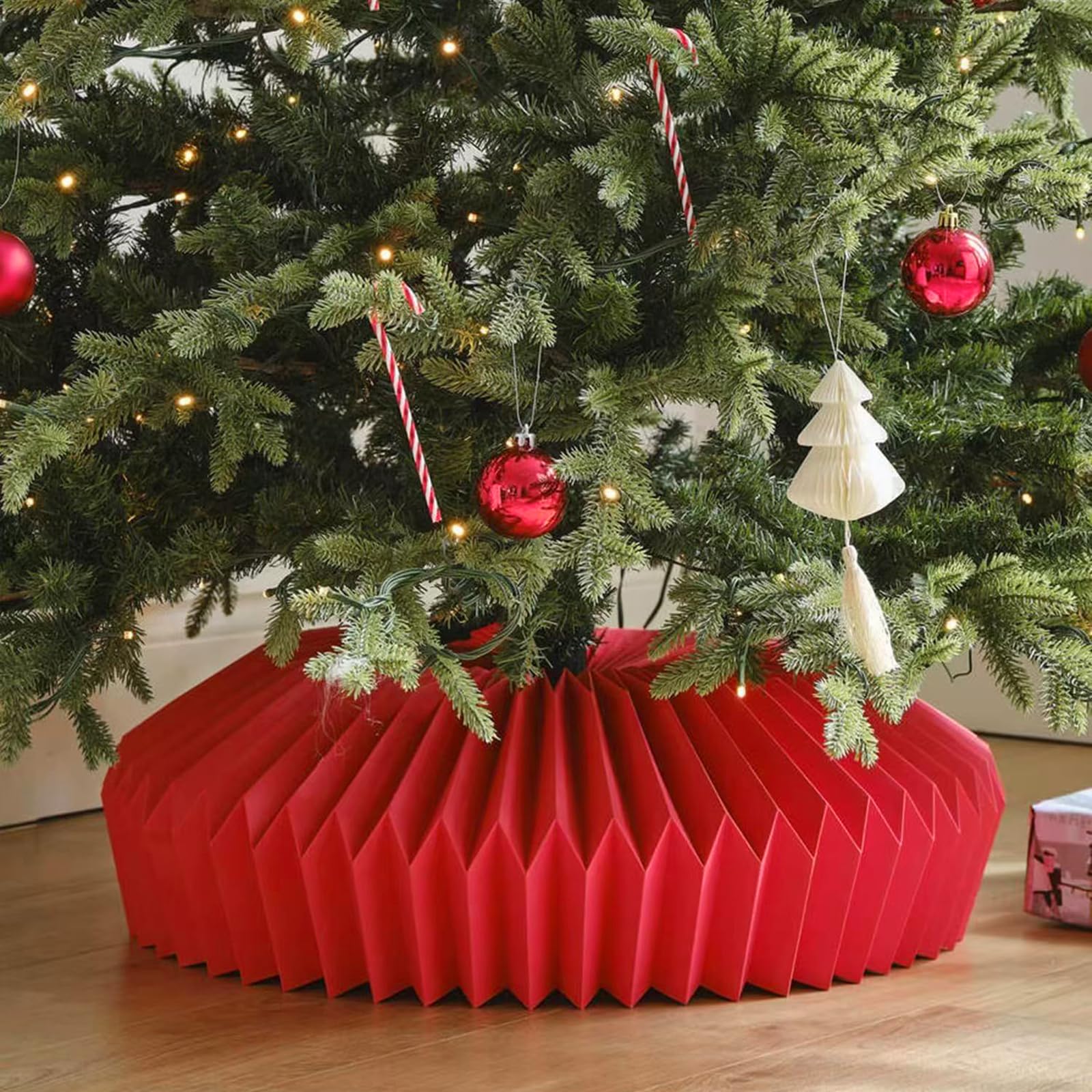 3D Christmas Tree Skirt - Honeycomb Foldable Paper Christmas Tree Basket Skirt Collar Ring Base Stand Cover, Honeycomb Xmas Tree Collar, Xmas Tree Skirt for Holiday Party Decoration (Red)