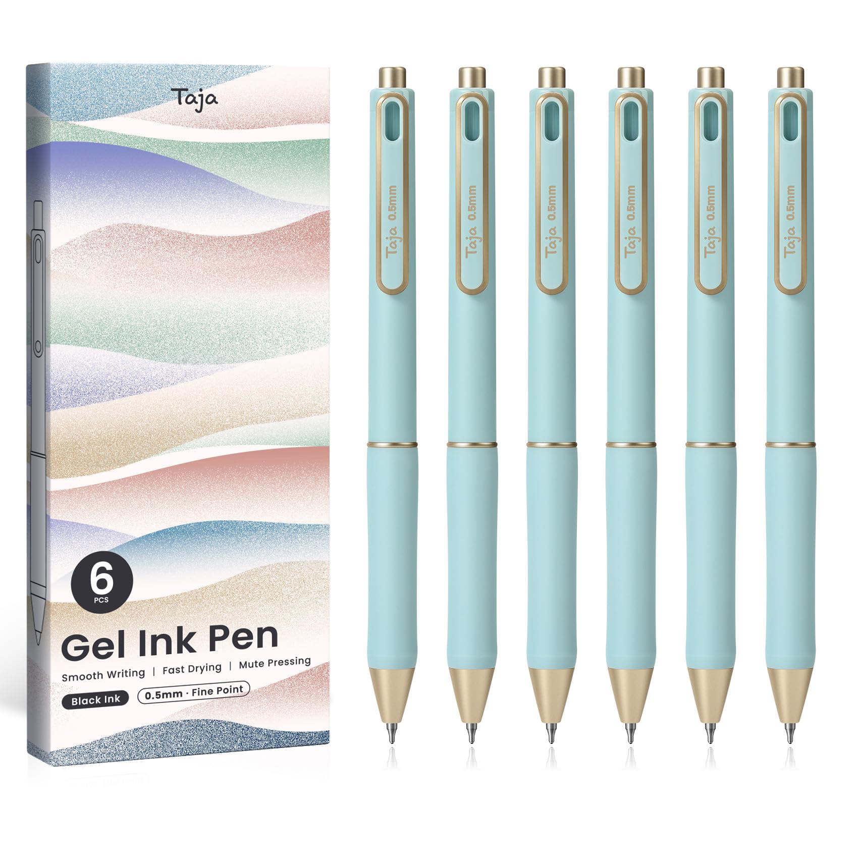 Taja Gel Pens Black 0.5mm Fine Point 6-Pack | Smooth Writing with Quick-Dry Ink - main product image