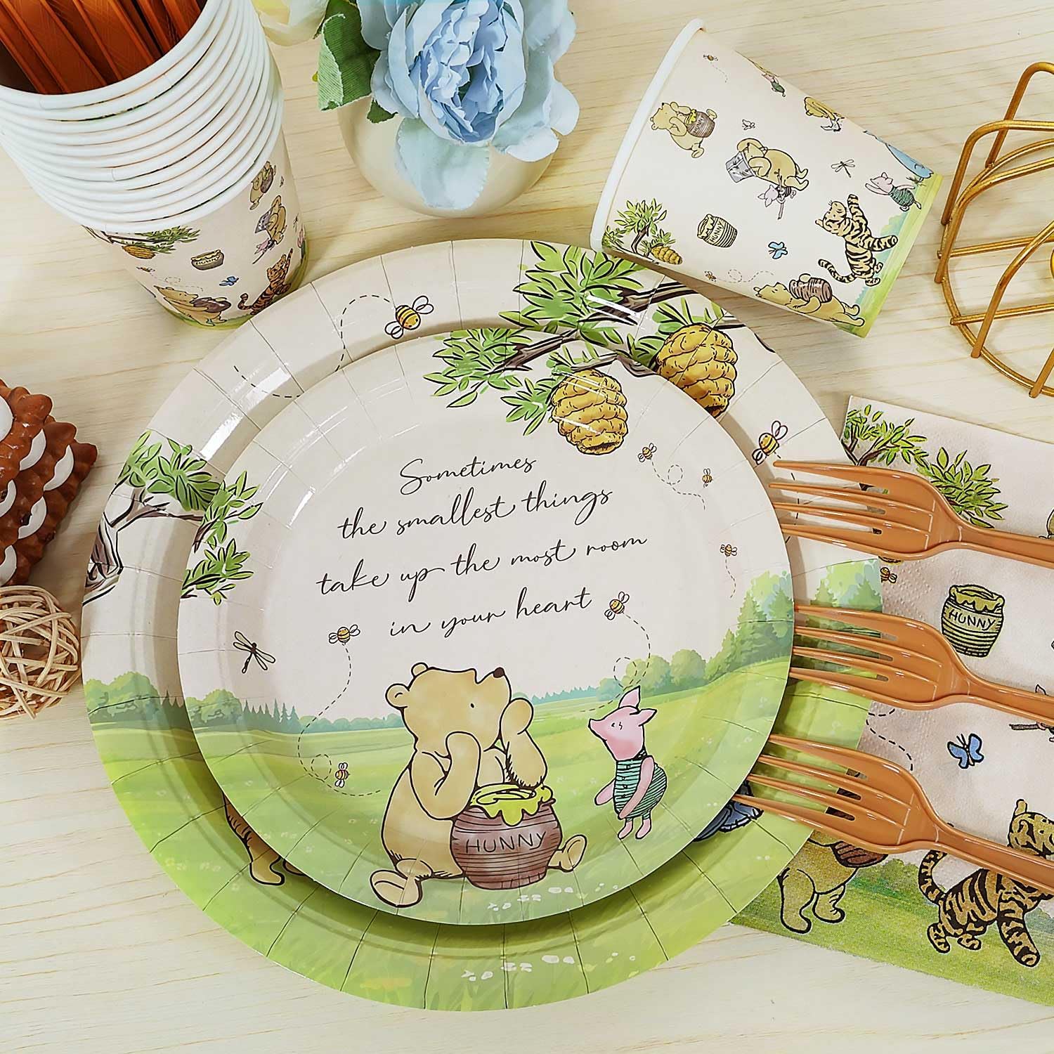 Classic Winnie Bear Baby Shower Decorations Plates Set, Neutral Vintage Pooh Oh Baby Plates Napkins Cups Forks Balloons Cake Cupcake Toppers Banner Swirls Tablecloth for 25 Guests Gender Reveal