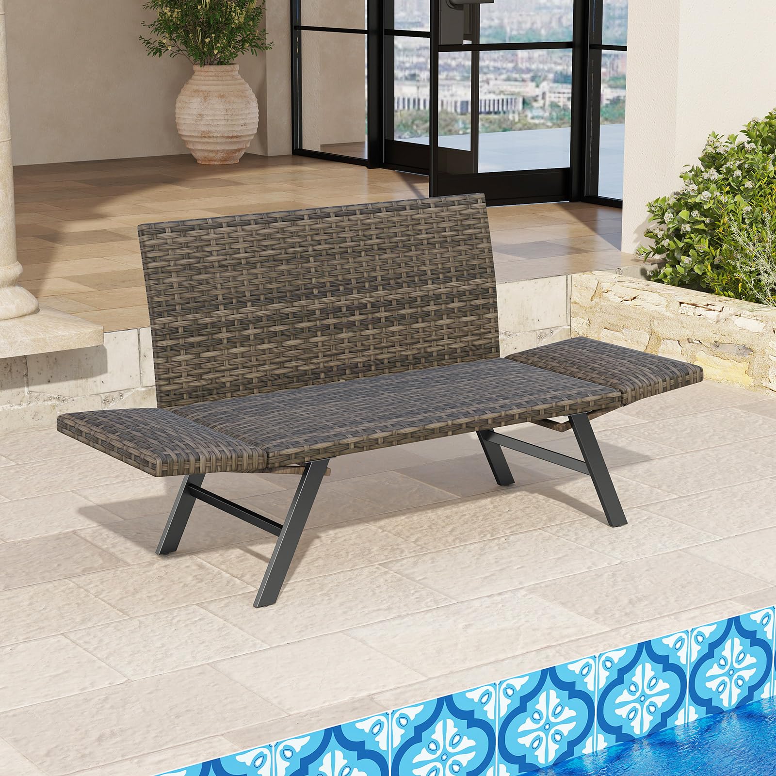 GIANTEX Divano da giardino in rattan a 2 posti, panca convertibile da esterno con braccioli regolabili, design intrecciato, lunghezza 163-178 cm, carico 300 kg, lettino da giardino per terrazza