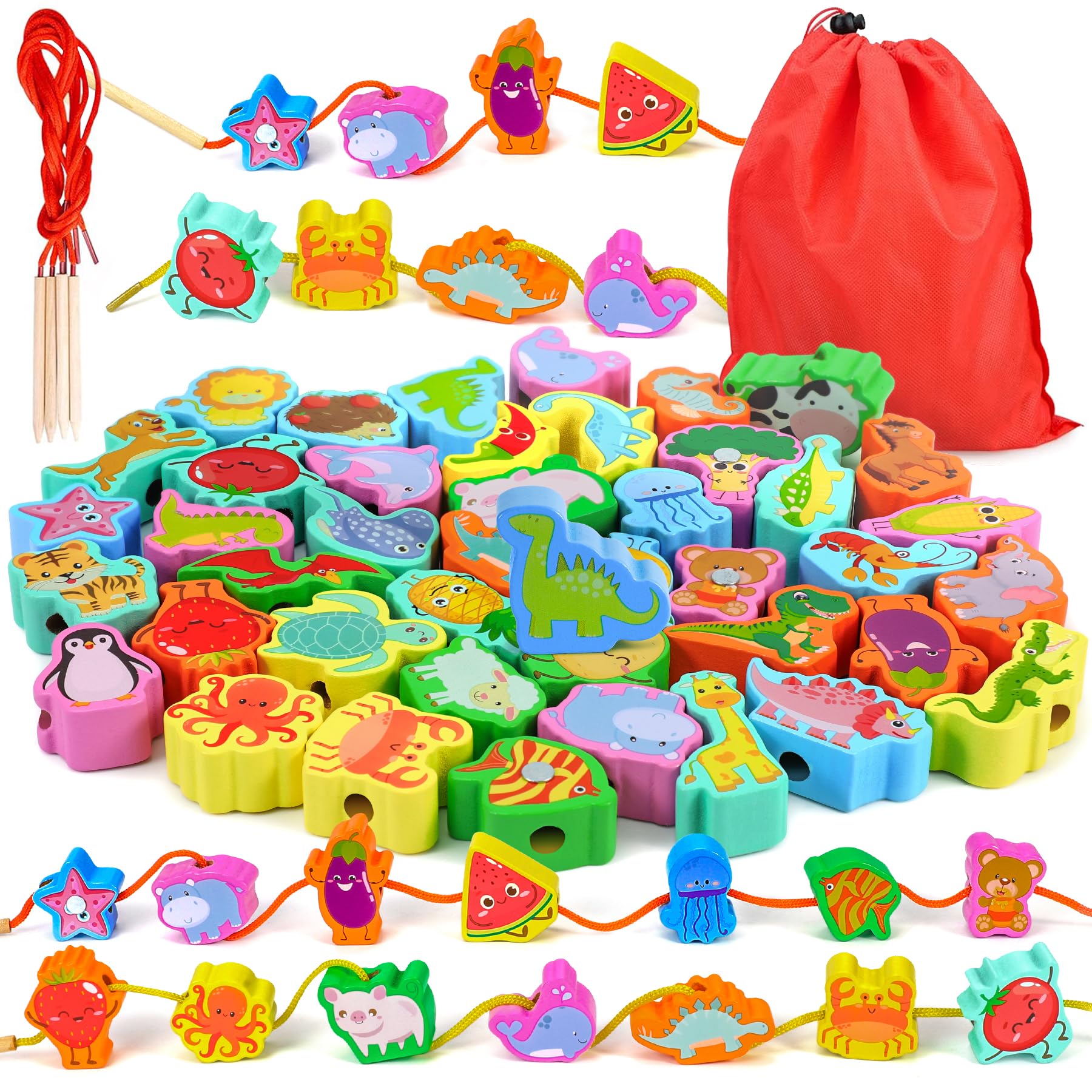 Ophy Juguete Montessori – 48 PCS Juego Enhebrar Madera Motricidad Fina 6 Temas para Niños 2-6 Años Regalo Navidad Coches de Toda Estación