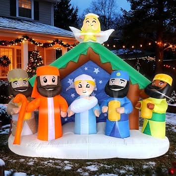 8FT Long Giant Christmas Inflatable Nativity Scene with Build-in LED Lights, Blow up Christmas Inflatable Outdoor Decorations Nativity Sets Jumbo Party Yard Decoration