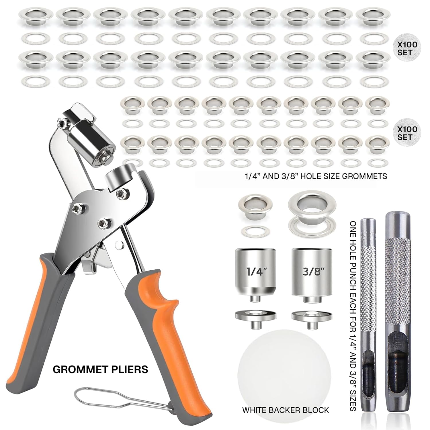 CRAFTMEMORE Grommet Tool Kit with 400 Silver Grommets, 3/8 and 1/4 inch Double Head Pliers, for Tarps, Fabric Rings, Leather, Tents, Vinyl, Canvas
