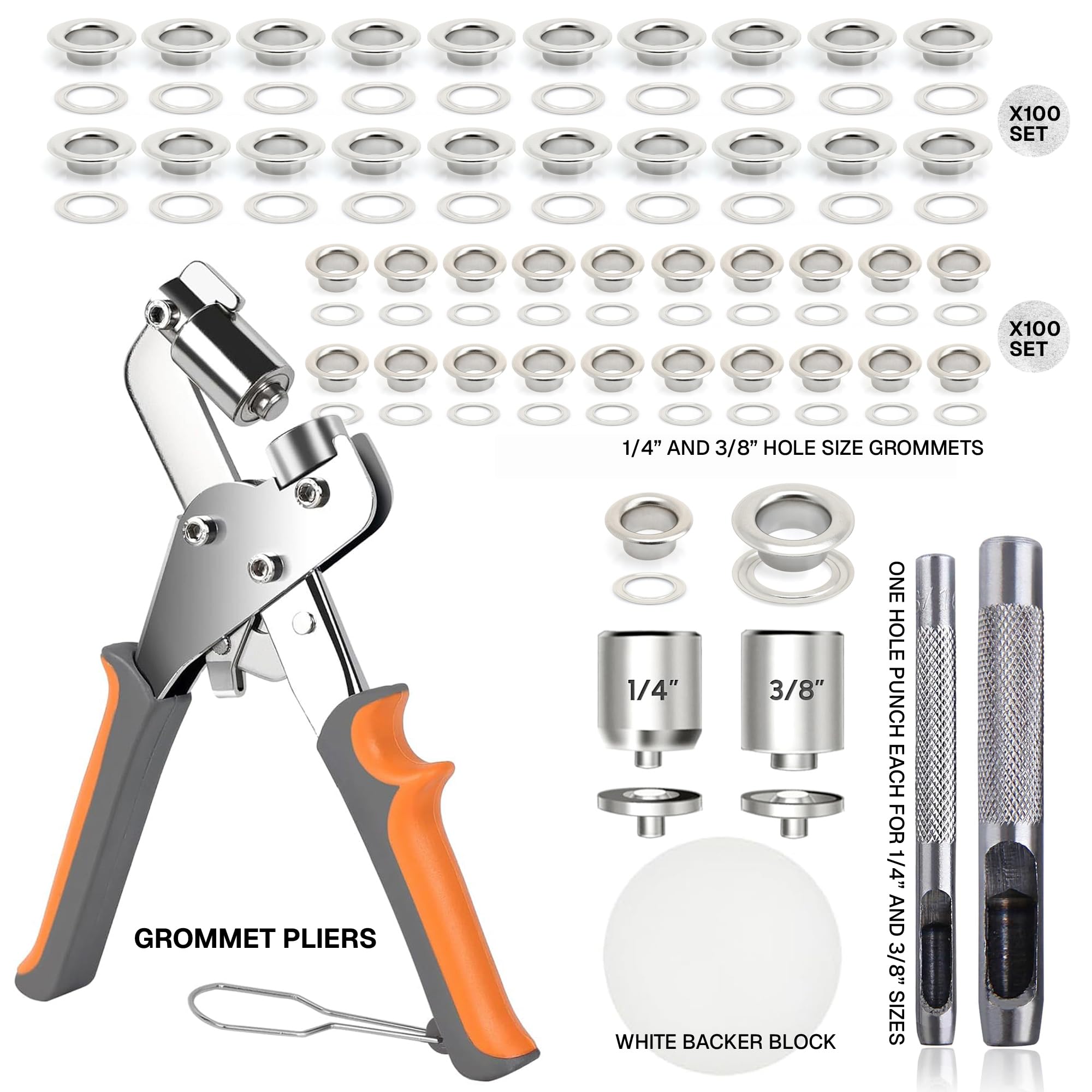 CRAFTMEMORE Kit de herramientas de ojales con 200 ojales plateados, alicates de doble cabeza de 3/8 y 1/4 pulgadas, para lonas, anillos de tela, cuero, tiendas de campaña, vinilo, lona