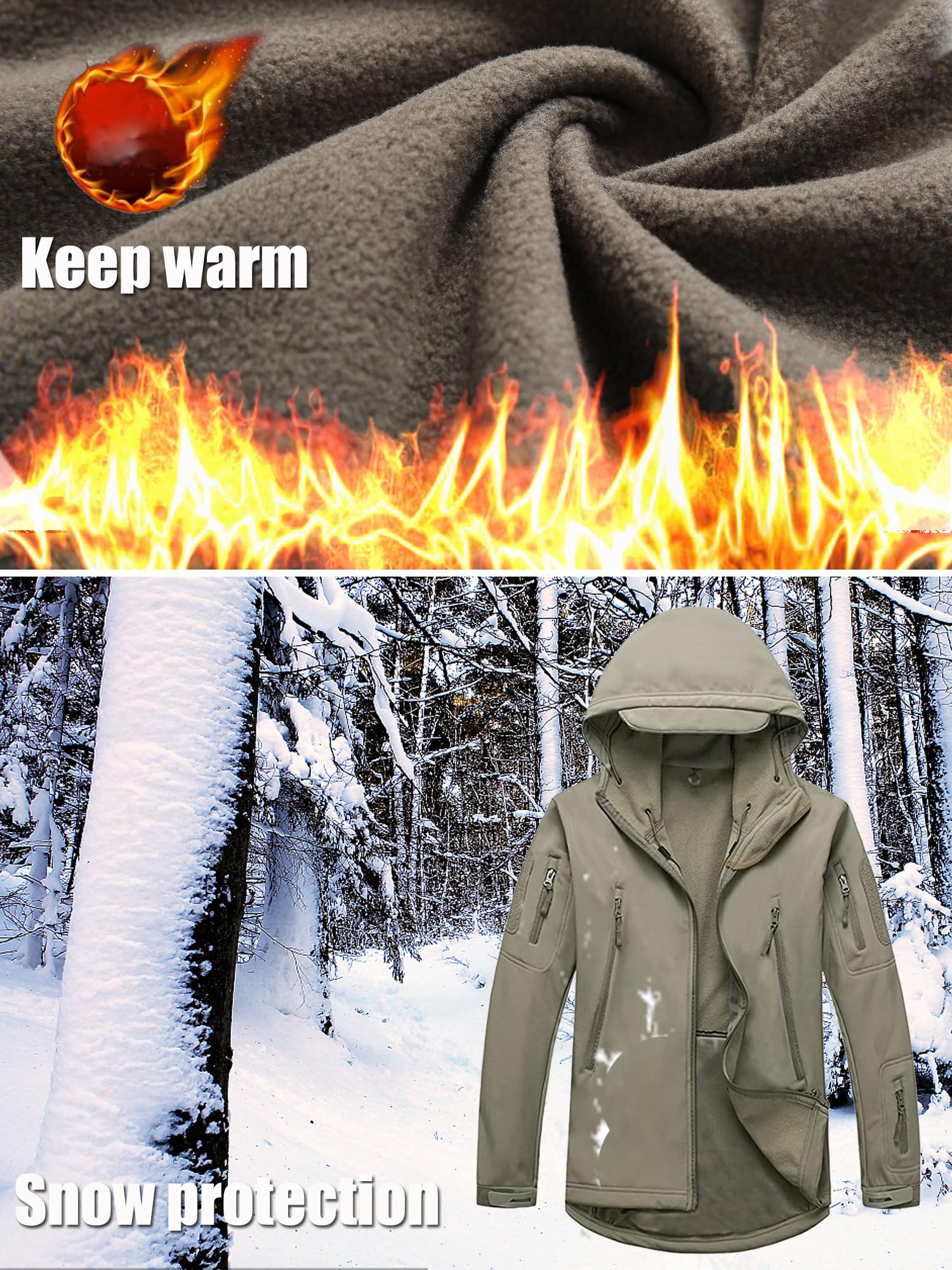 Kelmon Uomo Tattico Softshell Giacca Multifunzionale Outdoor Camouflage Militare Pile Fodera Impermeabile Antivento Calda Cappuccio Cappotto