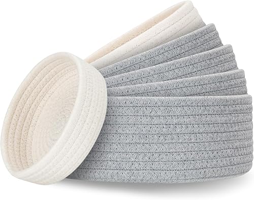 Canastas pequeñas de almacenamiento de estantes para organizar, paquete de 6 cubos redondos de cuerda de algodón, cestas tejidas decorativas y