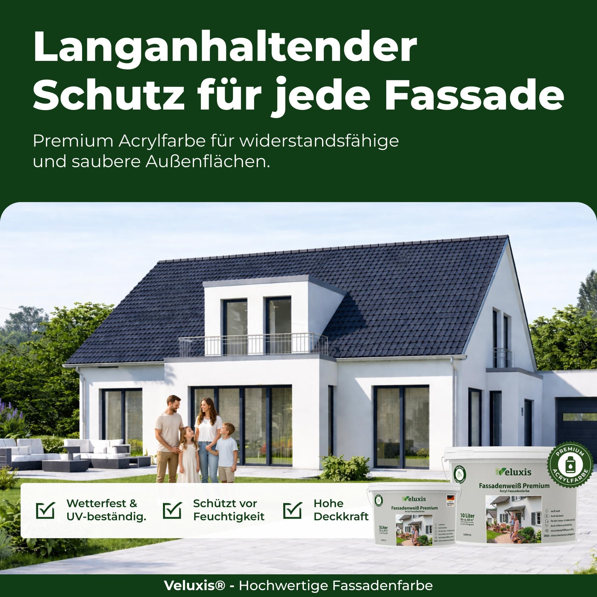 Fassadenfarbe Weiß Premium 10L – Acryl-Fassadenfarbe weiß matt für ca. 60m² | hochdeckend, wetterbeständig, diffusionsoffen, für den Außenbereich, Made in Germany