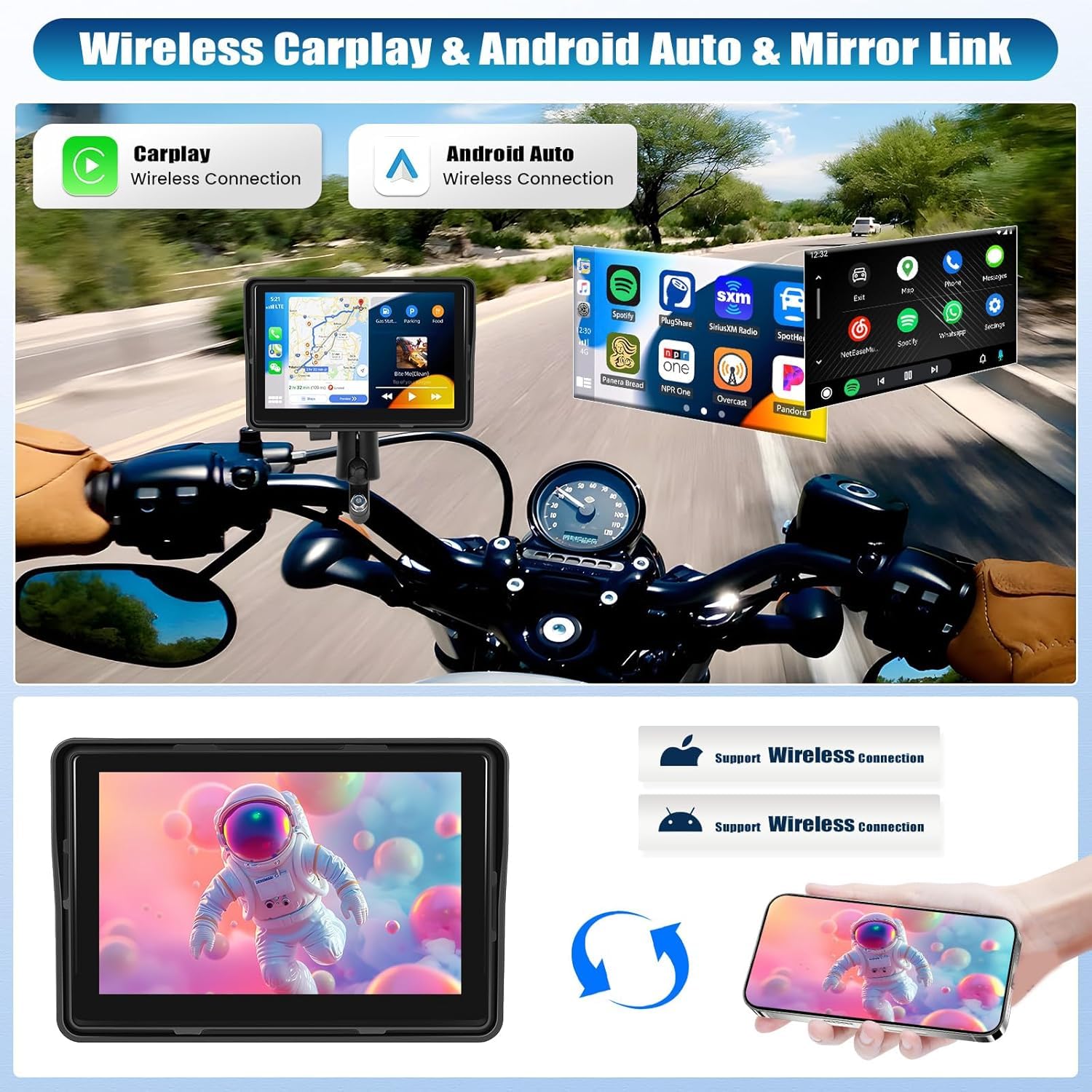 SIXTOP Schermo CarPlay per Moto, CarPlay e Android Auto Wireless per Moto, Touchscreen Impermeabile da 5 Pollici, Audio Bluetooth, Navigazione GPS, Siri