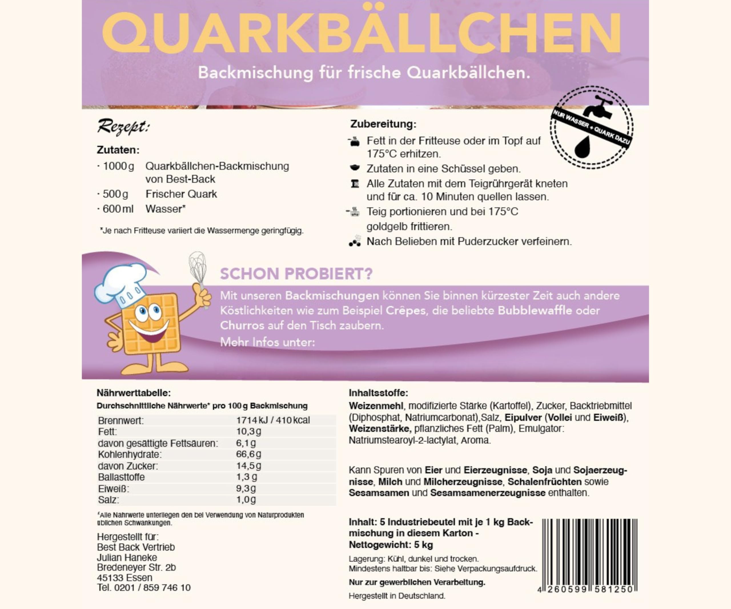 BEST BACK Quarkbällchen Backmischung 5 kg, 5er Pack (1 kg)