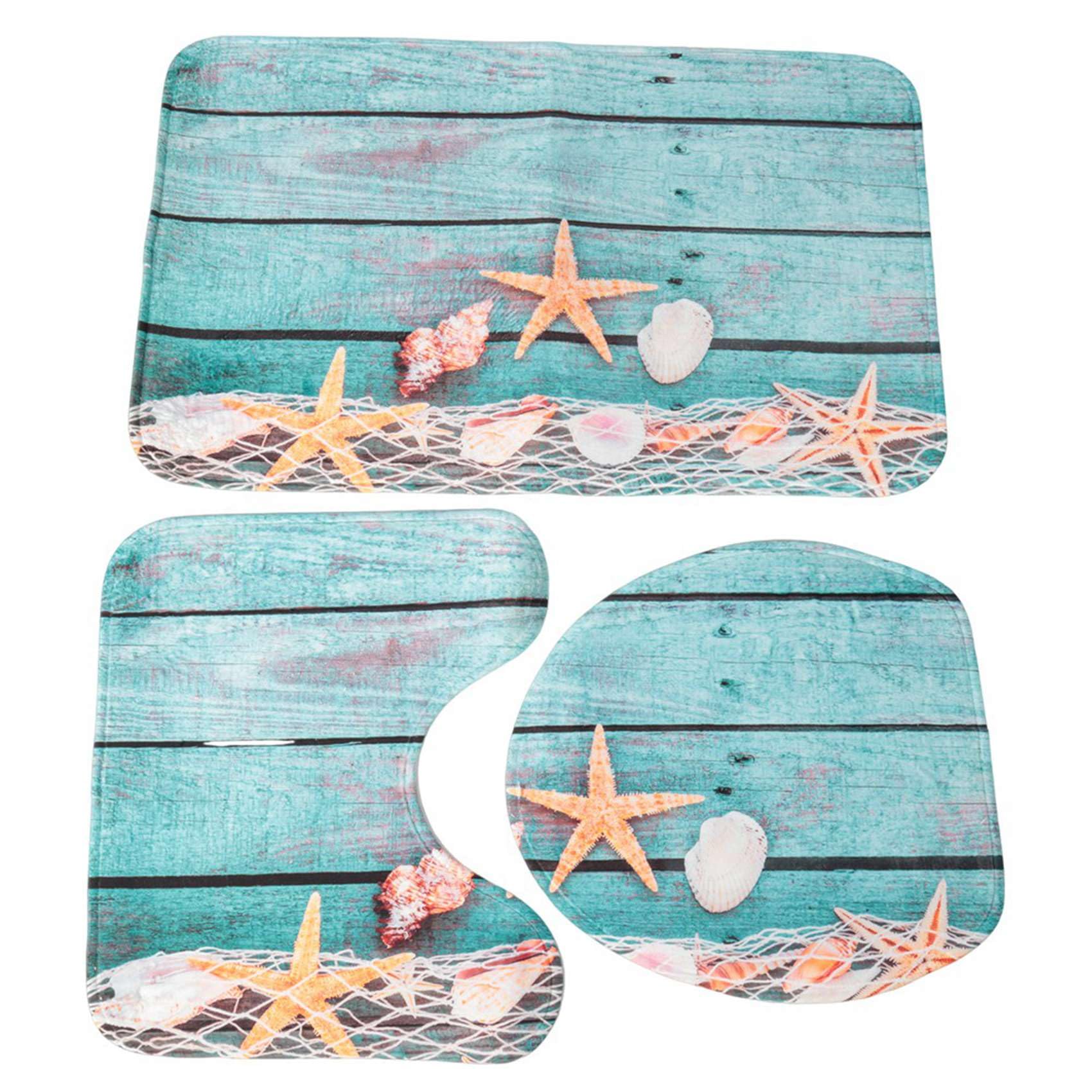 Giilayky Beach Seashells Starfish Sand Bath Mat Holidays Summer Bathroom Carpet Rug Non-Slip 3 Piece Toilet Mat Set Starfish Floor - Image 4