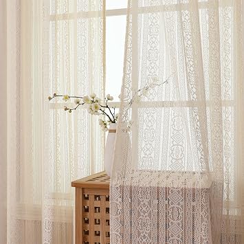 Boho Crochet Curtains for Living Room and Doors   Shabby Chic Lace Window Drapes, Vintage Geometric Macrame Net Curtains, Sheer Liner for Bedroom, Rustic Style Beige, 2 Panels-46x54 inch