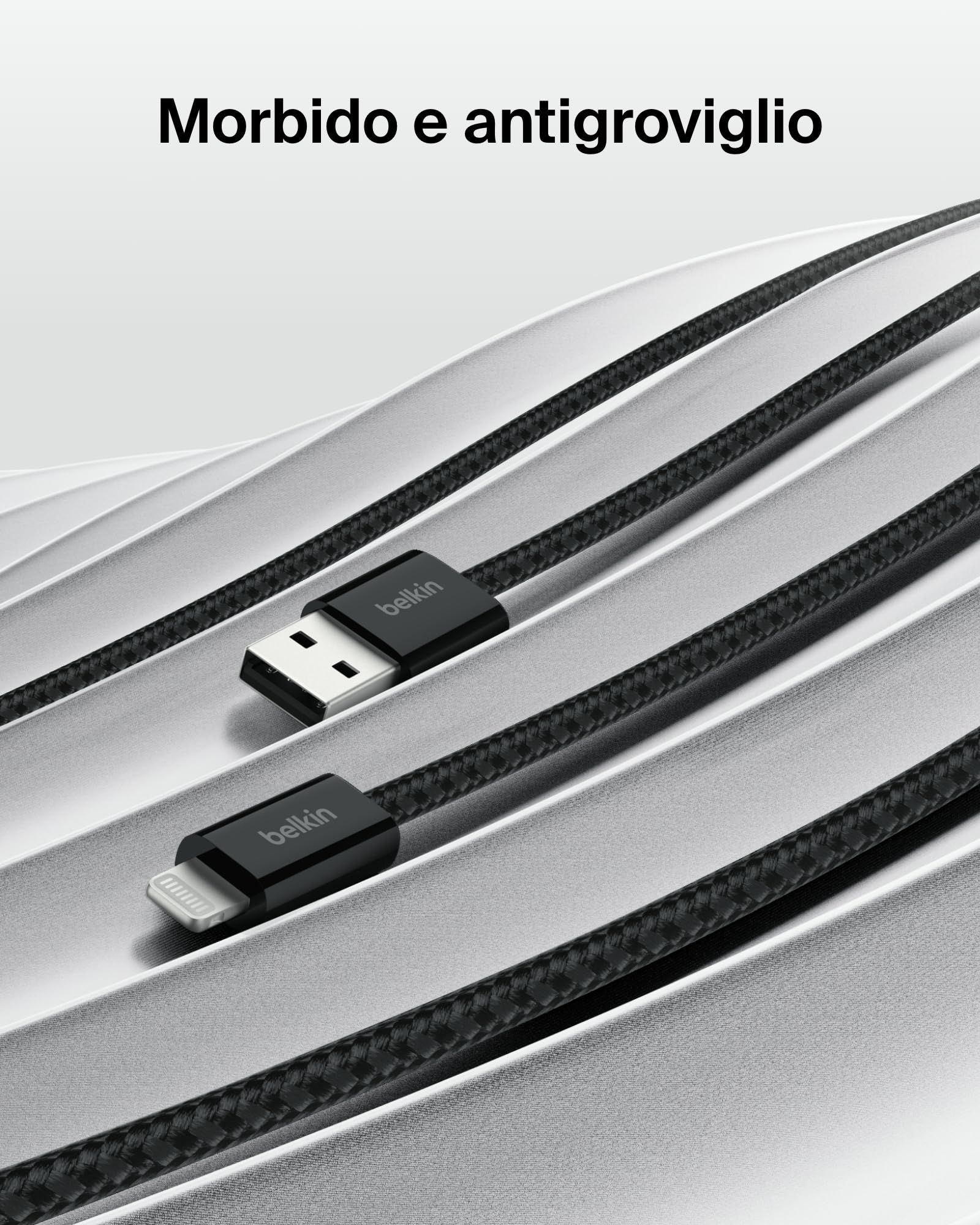 Belkin Confezione da 2 cavi intrecciati USB-A con connettore Lightning da 1,5 m, cavo flessibile per ricarica rapida, cavo Lightning per iPhone 14 e precedenti, iPad 9a gen. e AirPods, nero