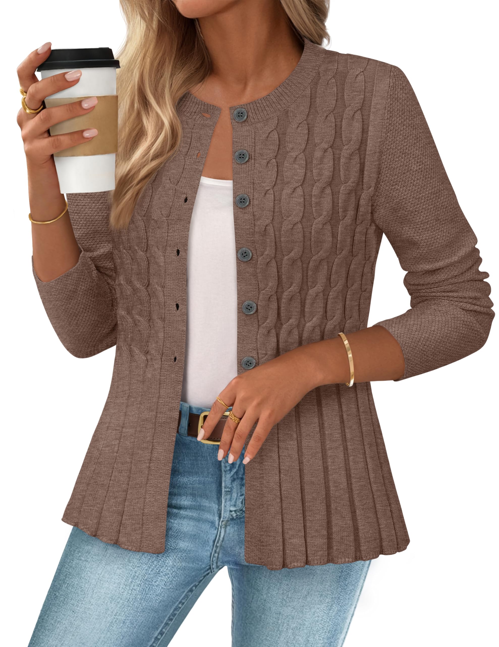 MEROKEETY Womens Cable Knit Peplum Cardigan Sweaters 2025 Trendy Fall Open Front Button Down Soft Knitted Coat