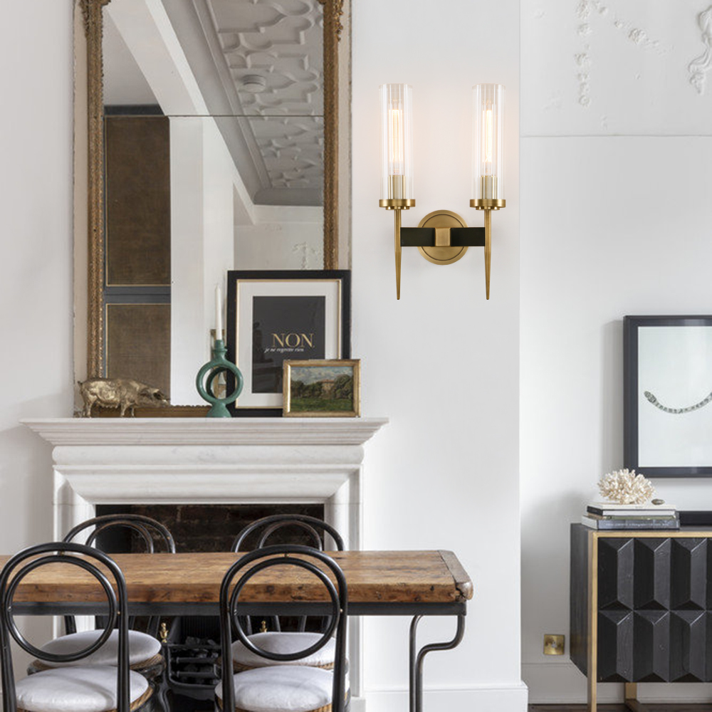 Image of PERMO wall sconces 2 Lights Glod Wall Light Fixtures with 2.8 inch Cylindrical Clear Glass Shade Brass Double sconces for Living Room Bathroom Corridor Mirror Bedroom