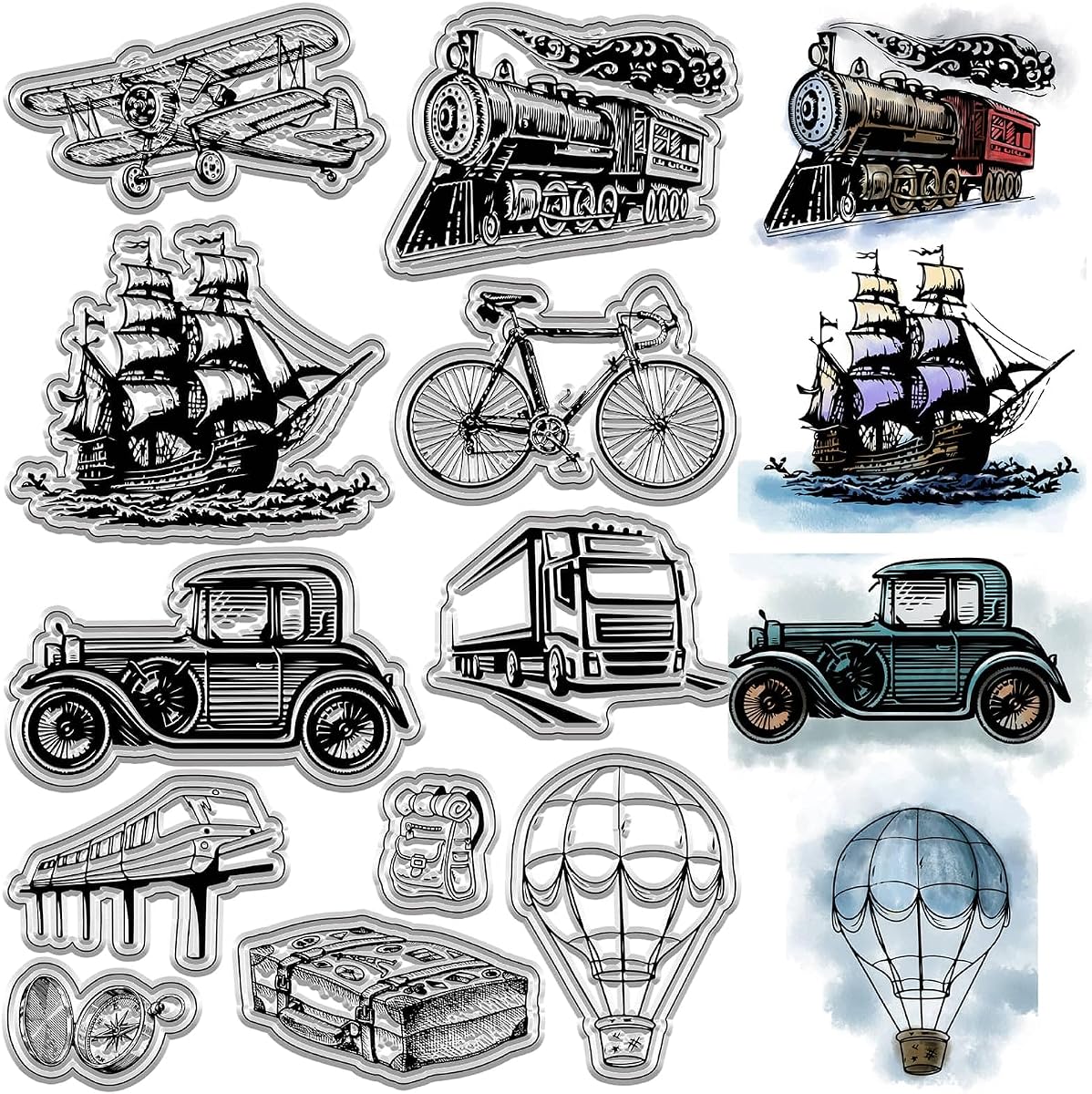 CRASPIRE Sellos transparentes para vehículos, aviones, trenes, barcos, bicicletas, coches, globos aerostáticos, sellos de silicona transparentes vintage para decoración de tarjetas, álbum de fotos, decoración de cuadernos, álbumes de recortes