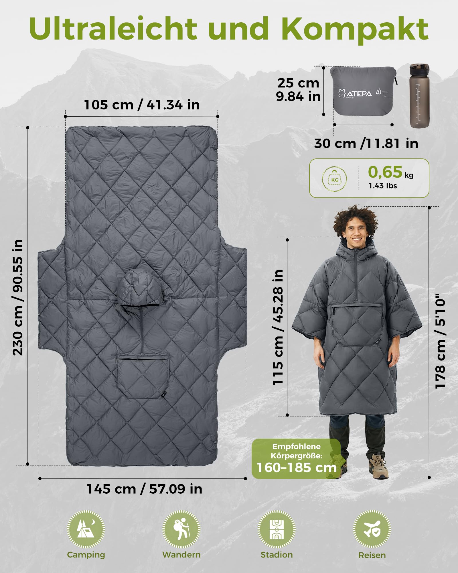 ATEPA 3-in-1 Camping Poncho Decke, Tragbarer Schlafsack, Ultraleicht