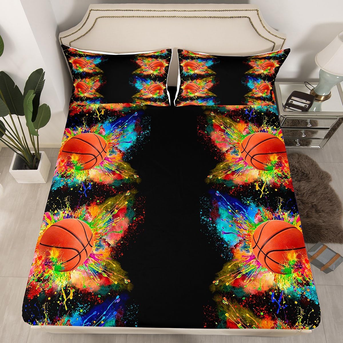 jejeloiu Basketball Sheet Set Queen Size Kids 3D Ball Pattern Sheets with Deep Pocket Fitted Sheet for Boys Girls Teens Hip Hop Bed Sheets Set Breathable Sports Theme Black Bedding Set Room Decor