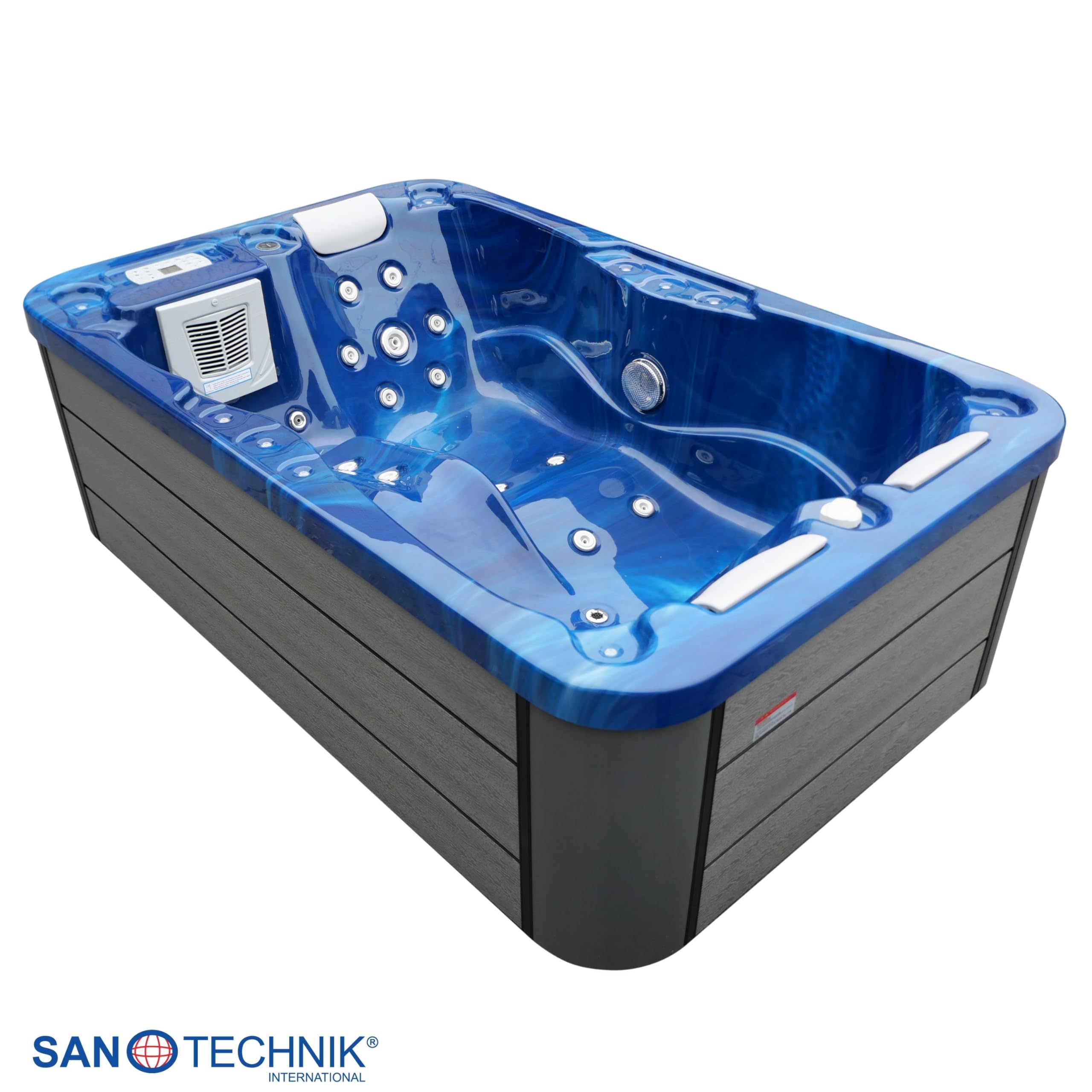 Sanotechnik Outdoor Whirlpool Modena blu – con copertura – Dimensioni 205 x 130 x 70 cm, 35 ugelli massaggianti, illuminazione a LED, radio, altoparlante, Bluetooth, SPA Whirlpool per 3 persone