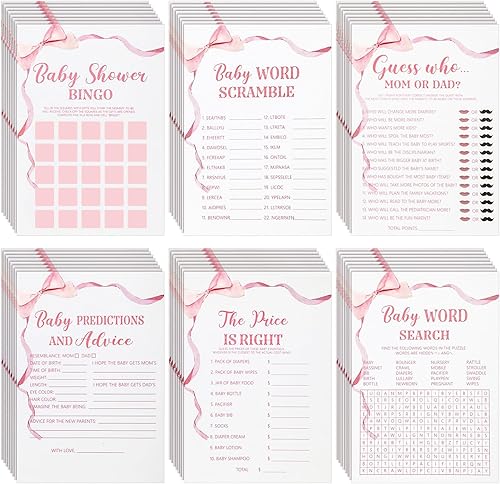 Ctosree 302 carteles de acuarela con lazo rosa para baby shower, 6 juegos, 50 hojas cada uno, predicciones minimalistas y consejos de bingo