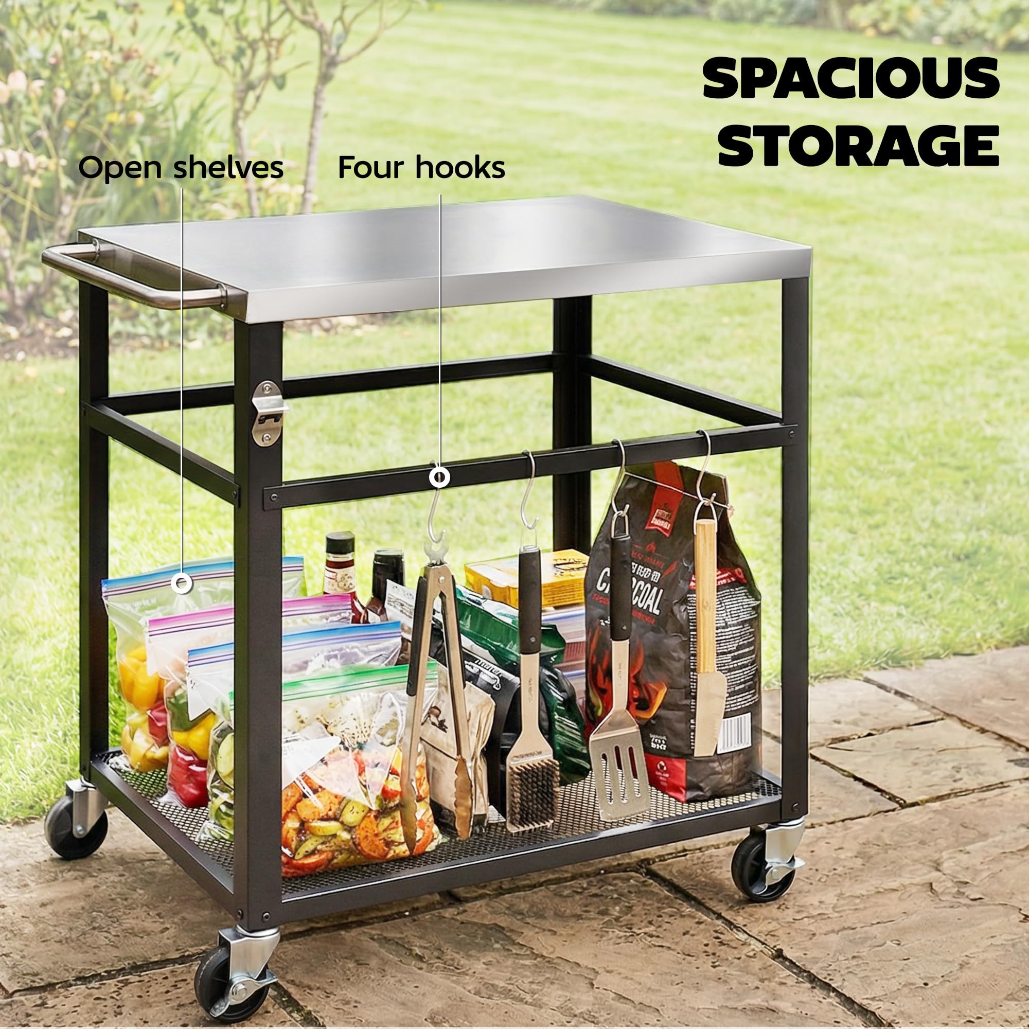 Outsunny Outdoor Grill Cart, Pizza Oven Stand with Stainless Steel Tabletop for Food Prep, 2-Tier Rolling Kitchen Prep Station with Hooks, Handle, Lockable Wheels, Black - 5